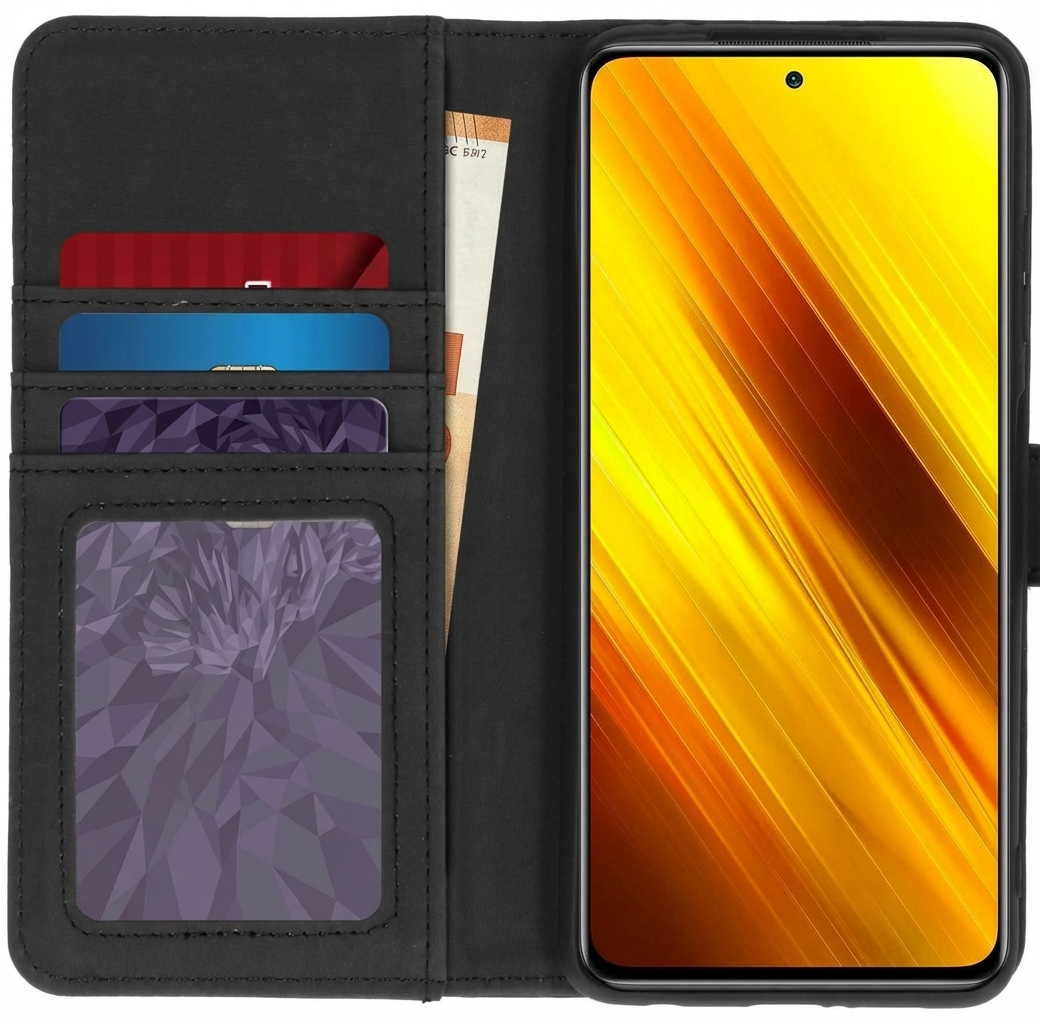 Étui portefeuille noir avec fentes pour cartes et un smartphone à écran jaune.