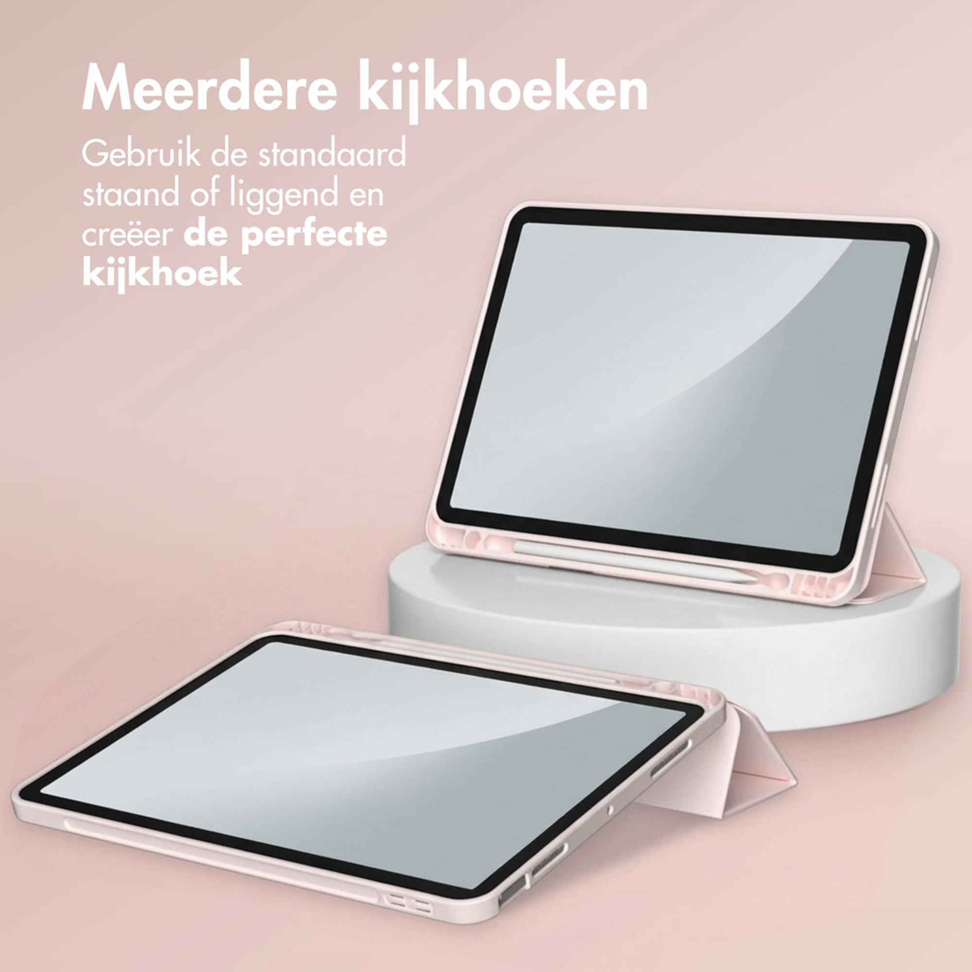 Two pink tablet cases with tablets, one on a pedestal, the other in front.