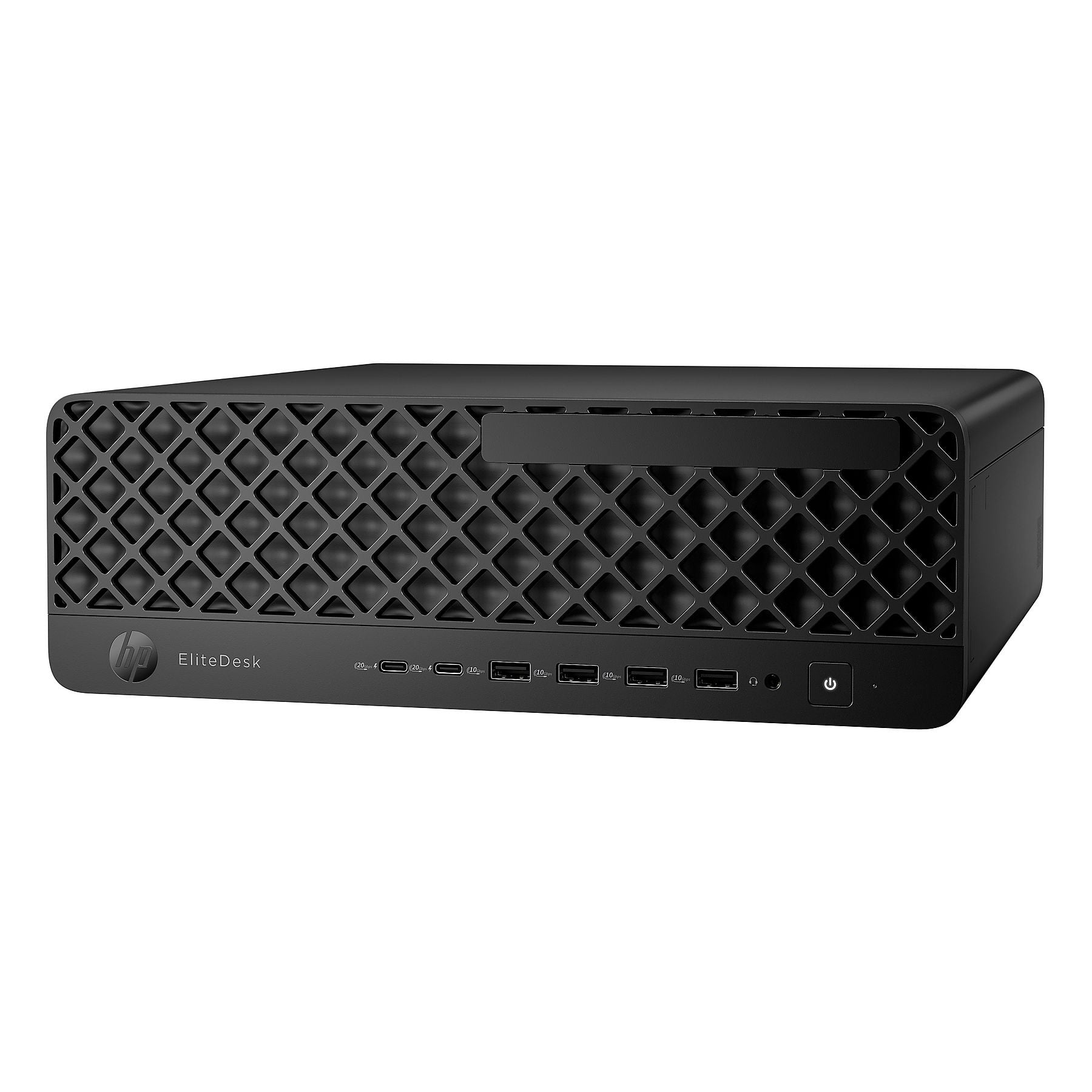 Computer HP EliteDesk nero con motivo a griglia e porte frontali.