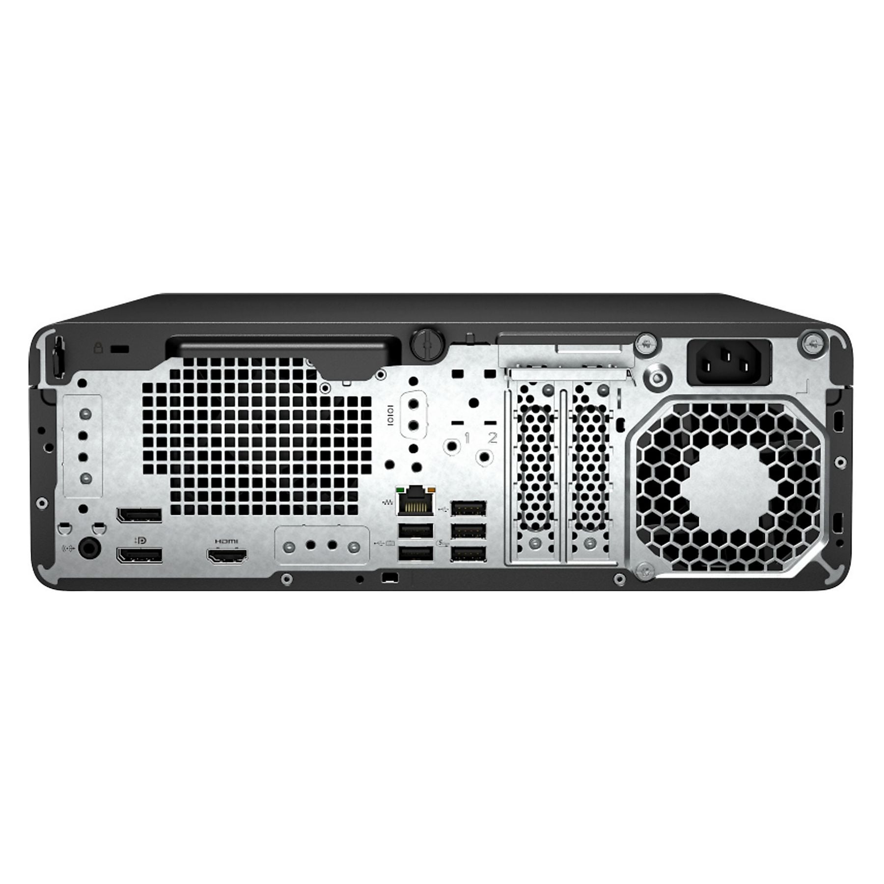 Vista posteriore di un case PC nero con griglie e porte.