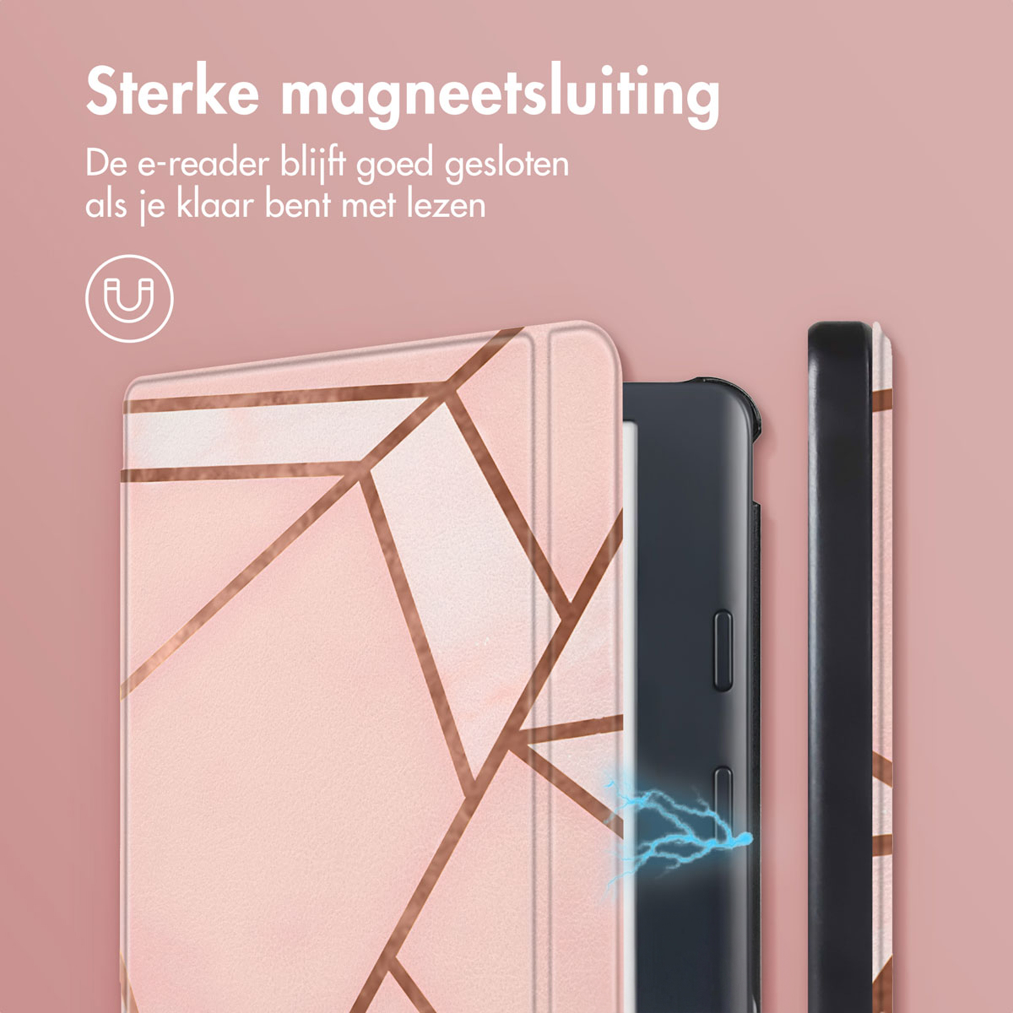 E-reader case with magnetic closure, geometric pattern, and magnet icon.