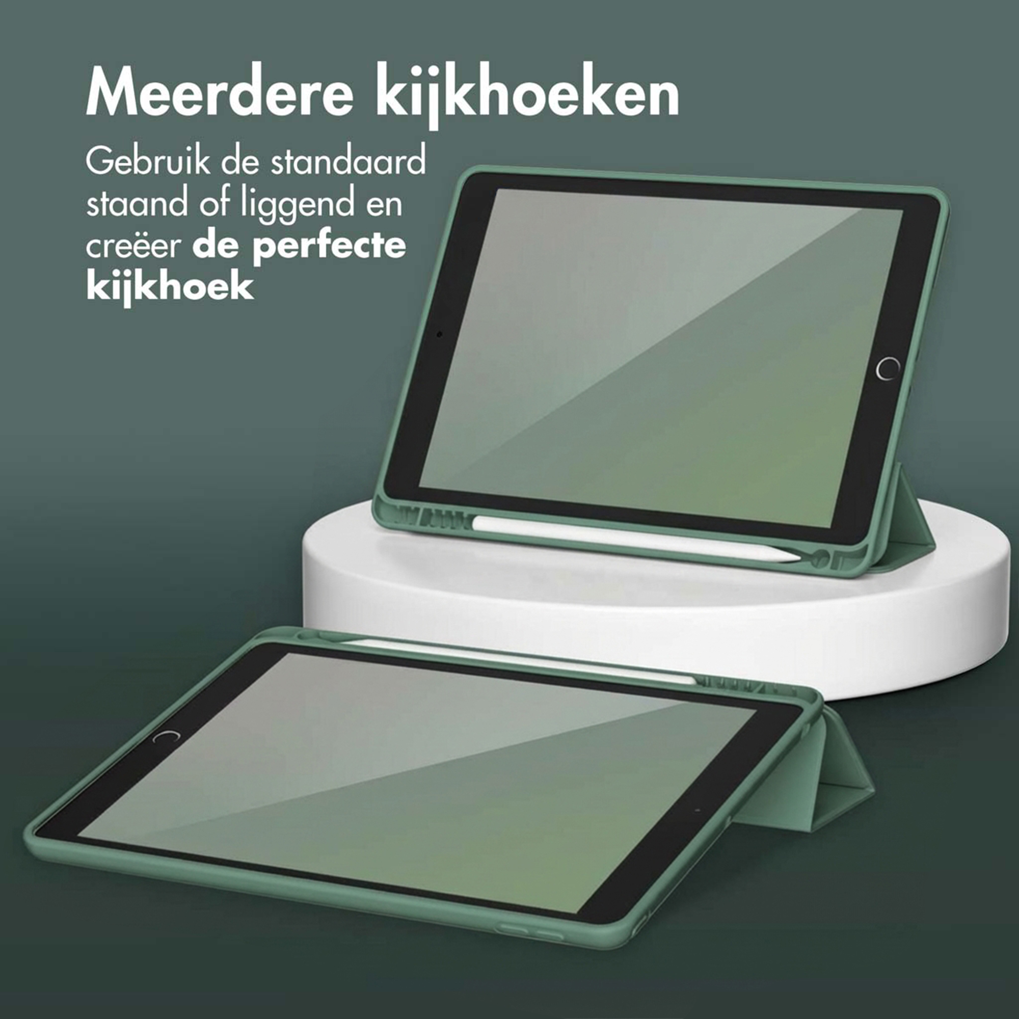Two green tablet cases with built-in stands, one on a white pedestal.