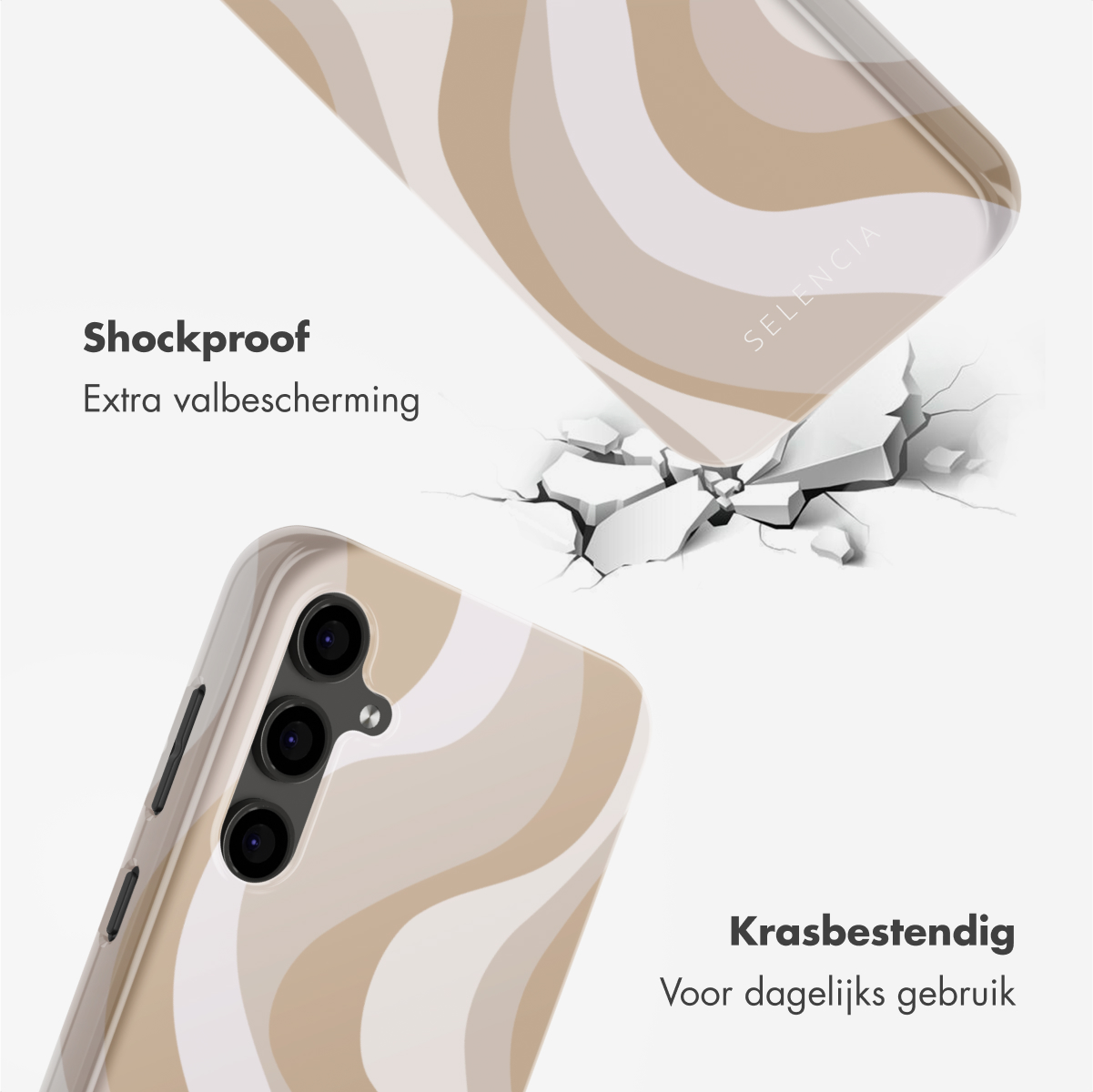 Schokbestendige telefoonhoes met beige en witte golvende print. Valbescherming.
