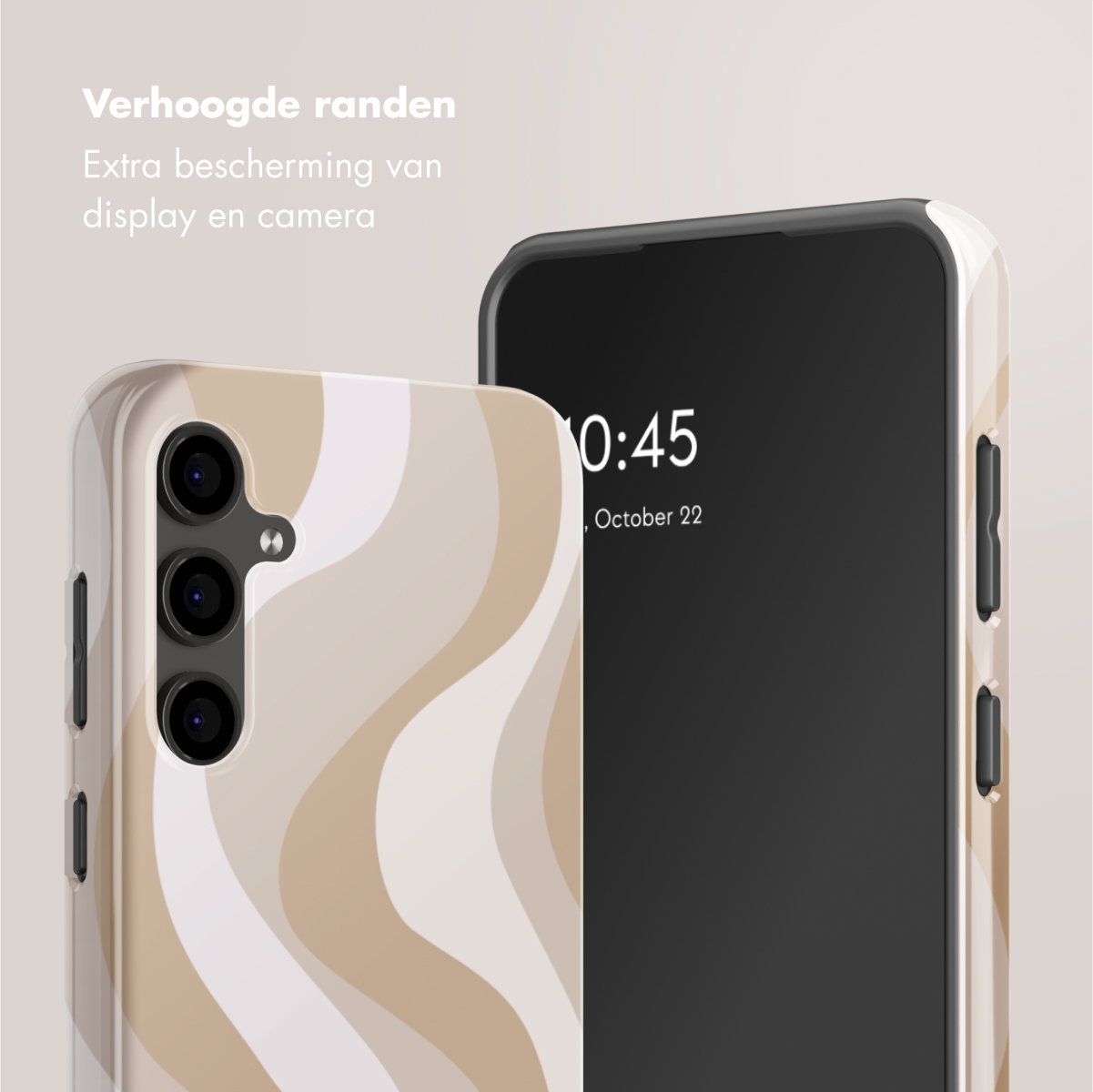 Telefoonhoes met beige en witte golvende print, toont camera en scherm.