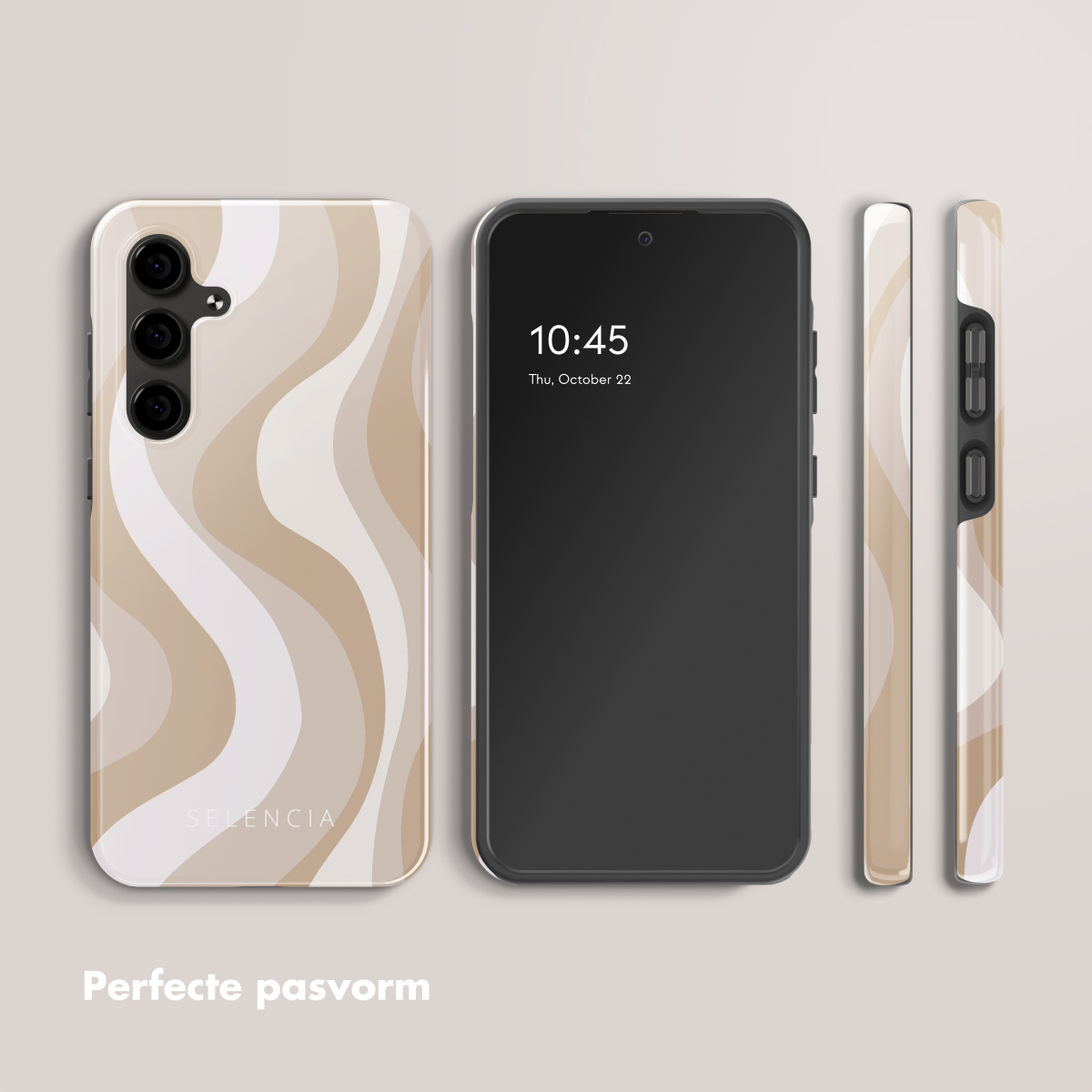 Een smartphone met een hoesje met golvend patroon en een zwarte voorzijde met tijd.
