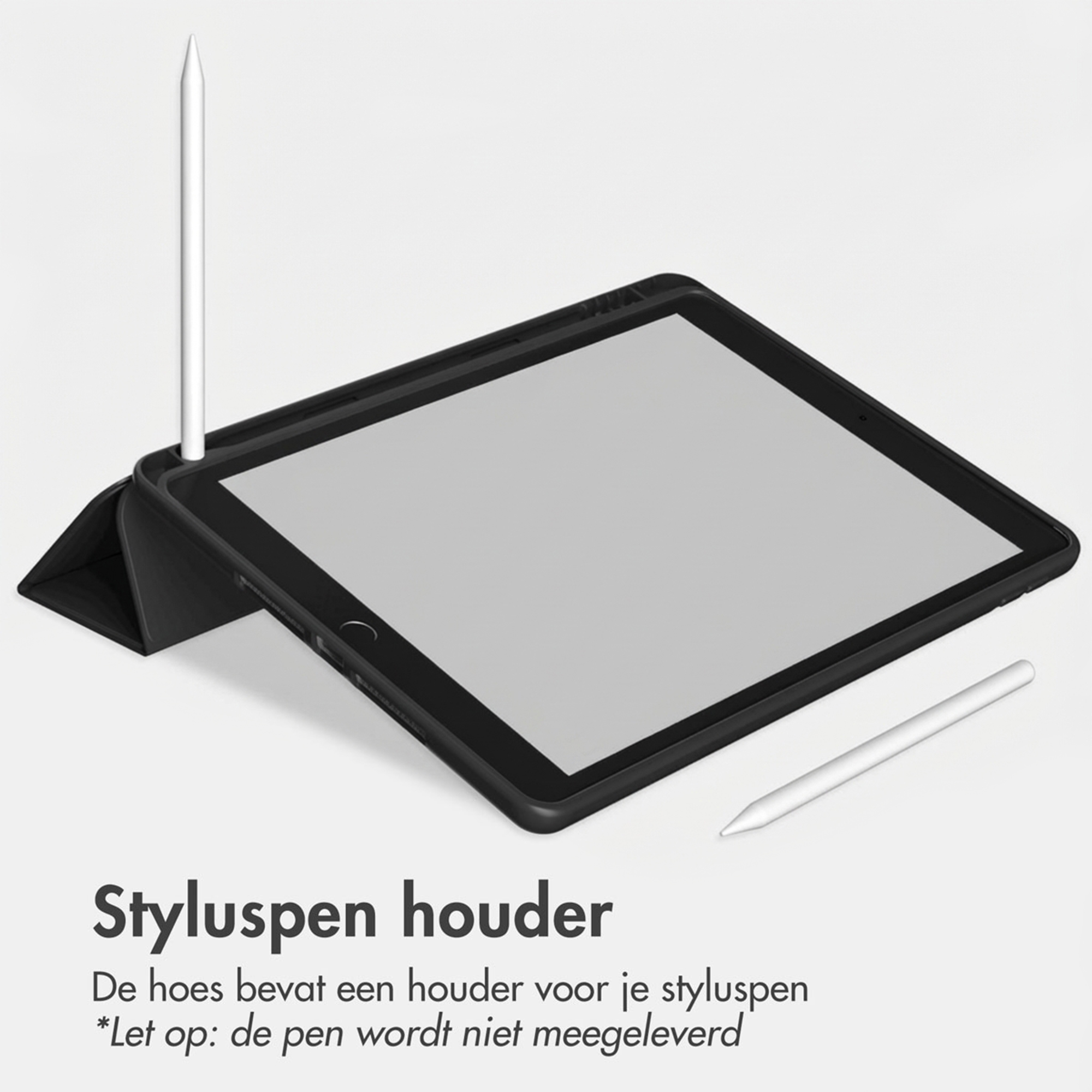 Een zwarte tablethoes met penhouder en twee pennen.