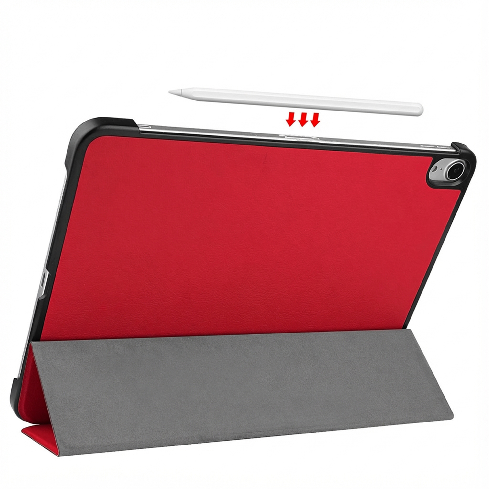Rotes Tablet mit Ständer und Stift, von hinten gesehen.