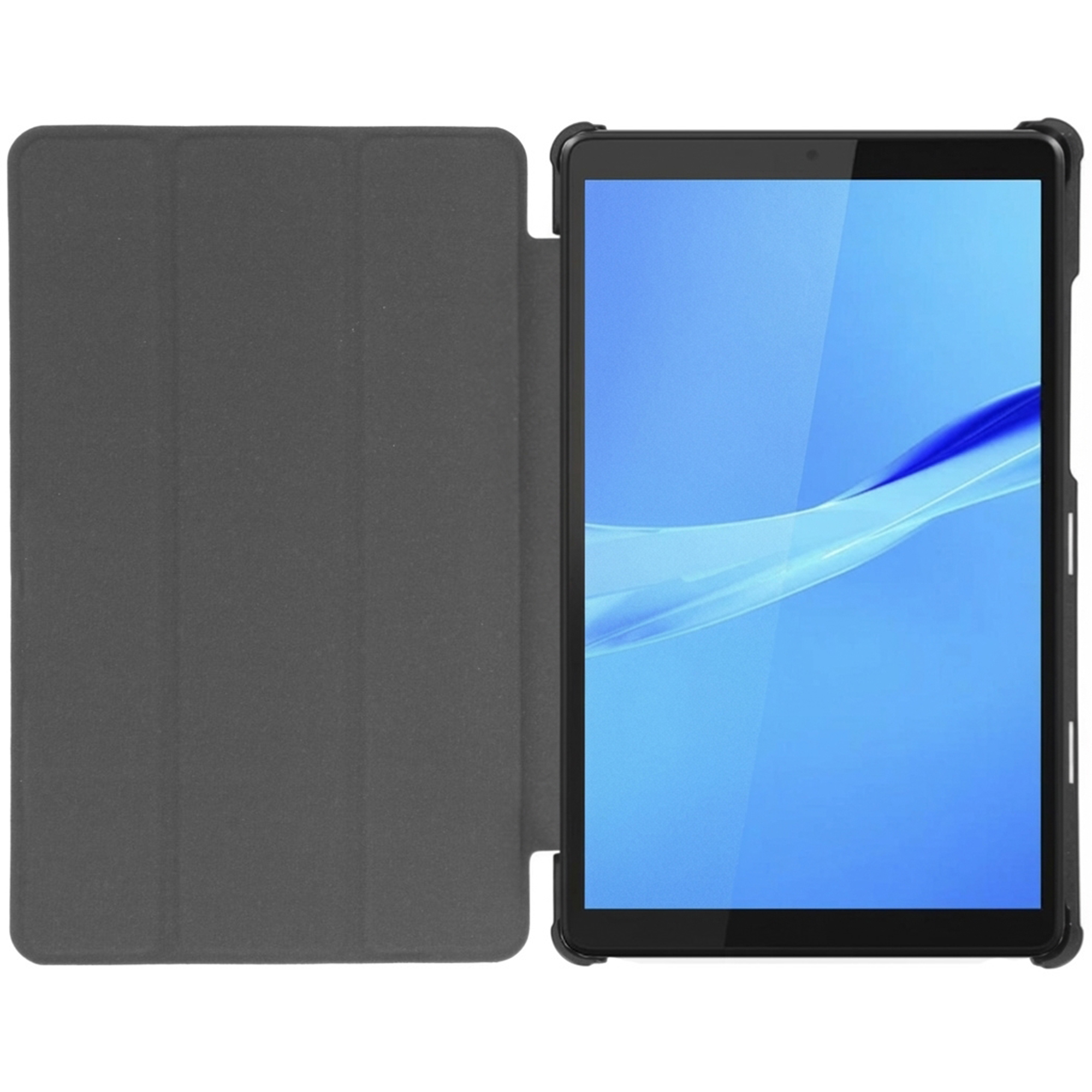 A black tablet with an open protective cover displaying a blue screen.