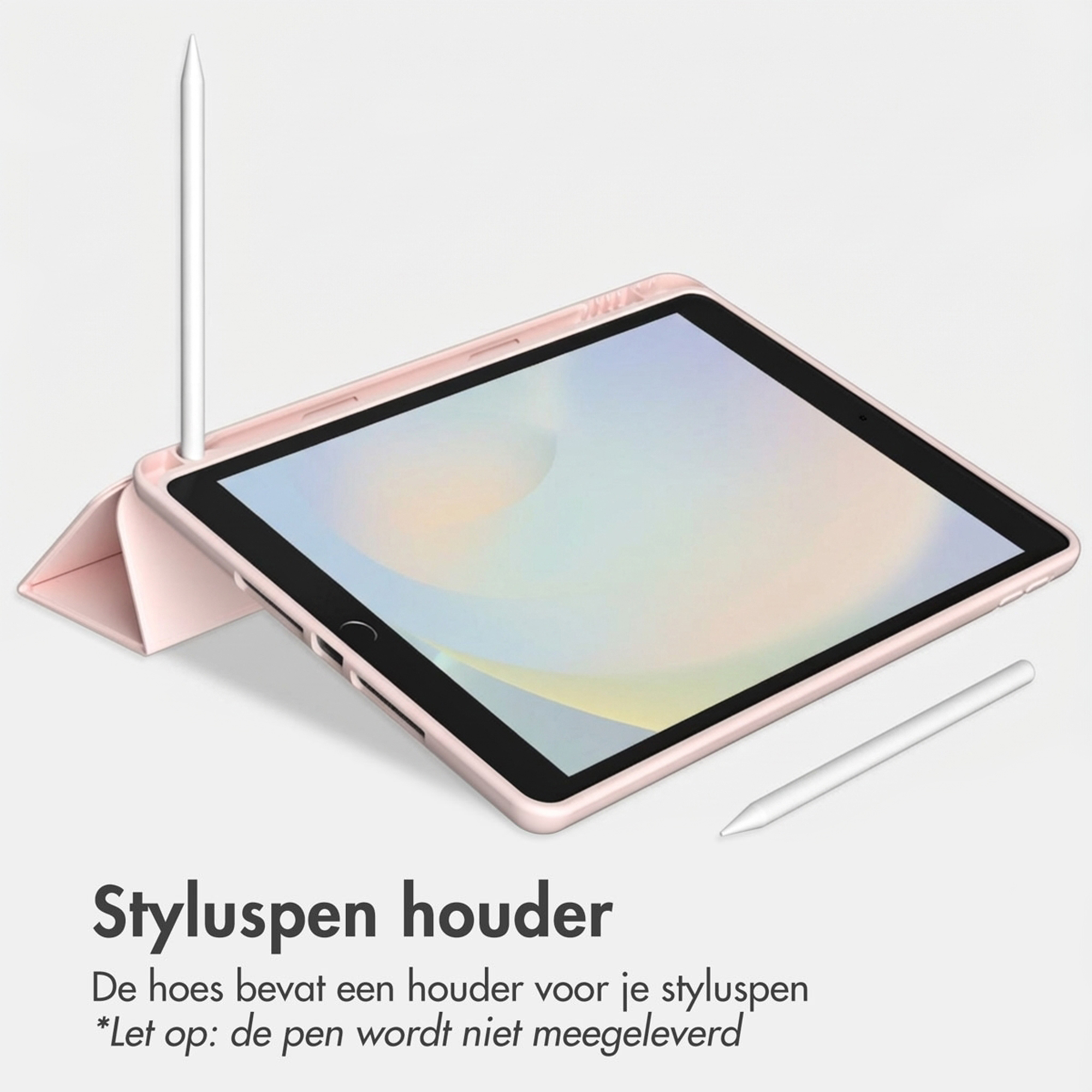 A pink tablet with a stylus holder and two styluses on a light background.