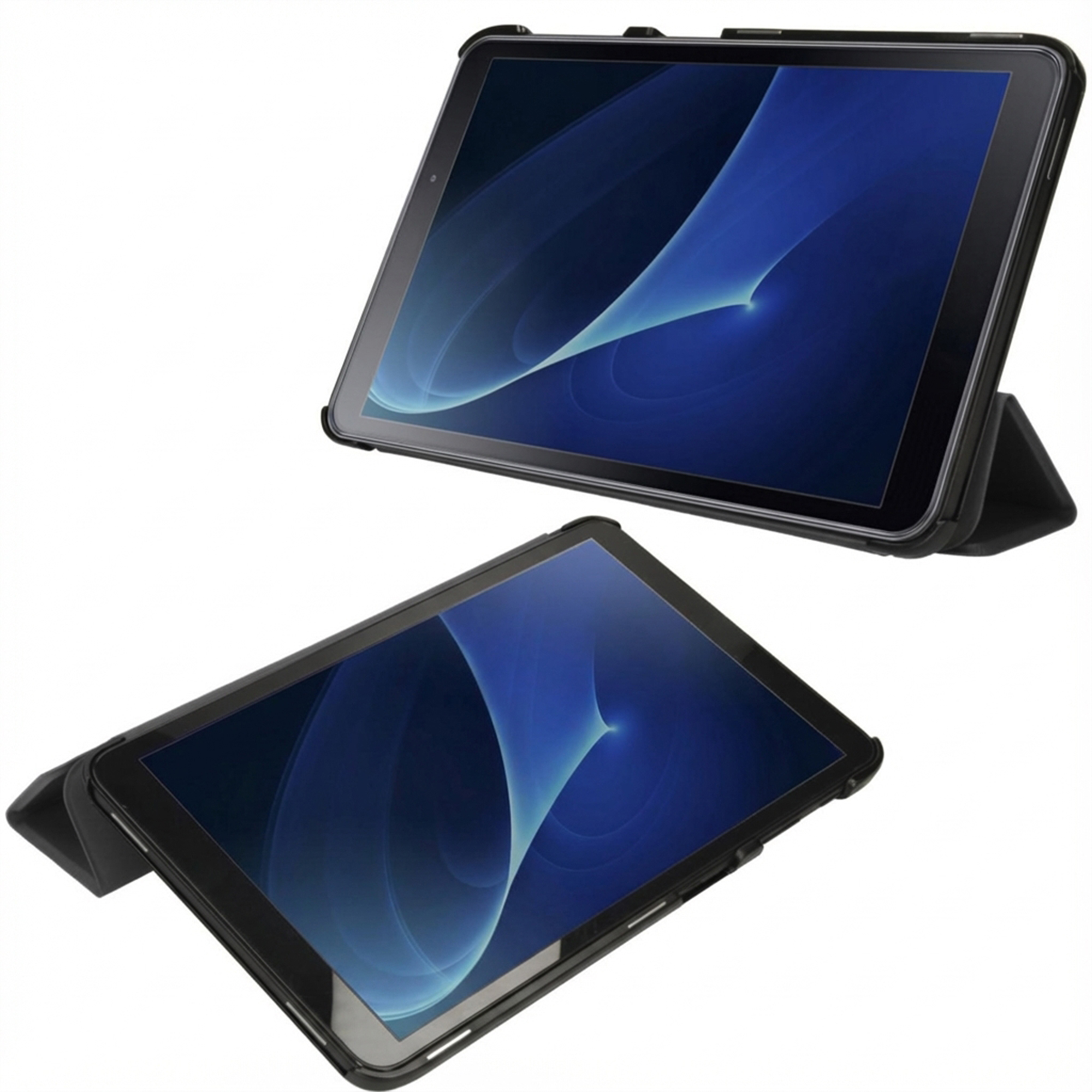 Twee zwarte tablets met blauwe schermen in liggende modus op witte achtergrond.