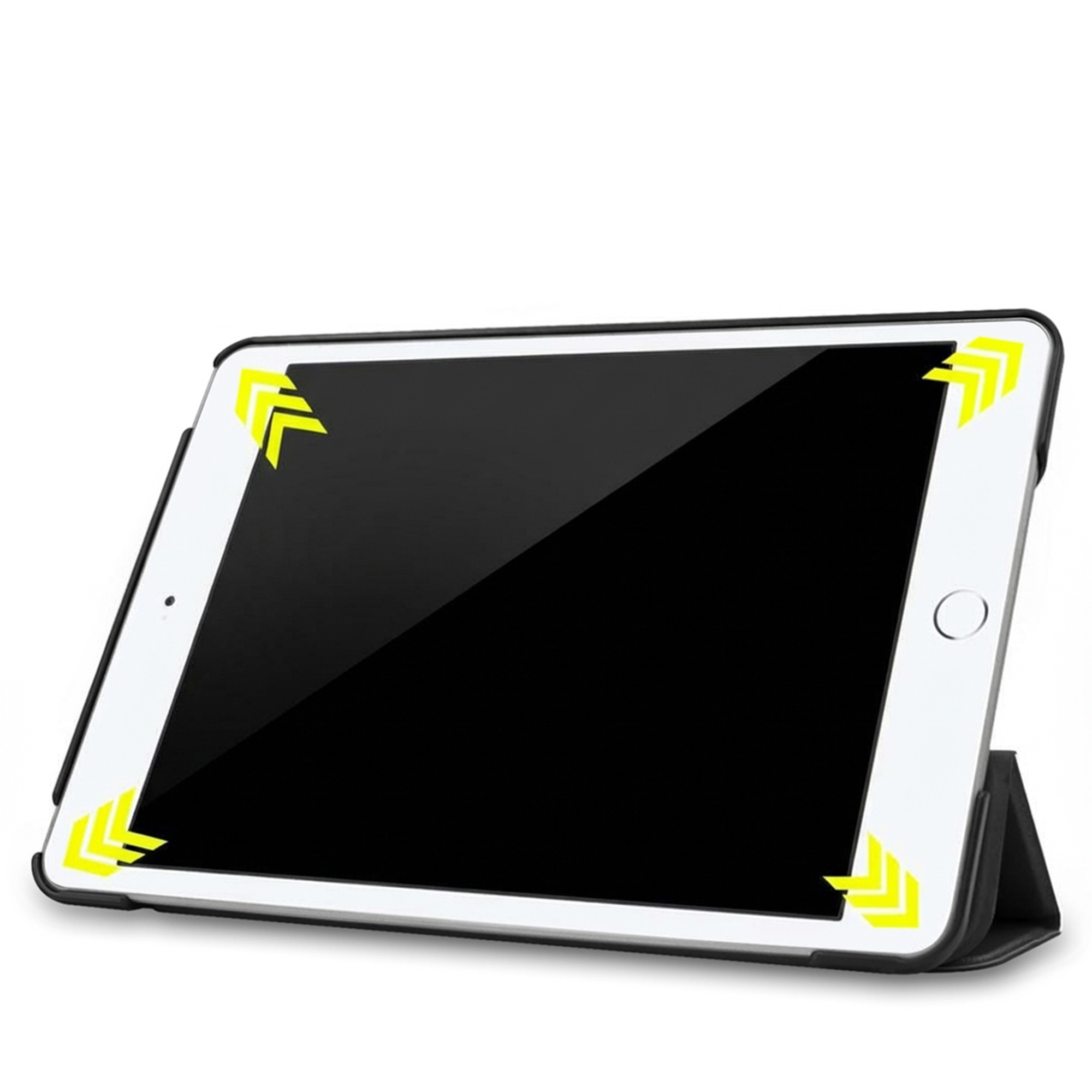 A tablet in a black case, with yellow arrows on the corners.