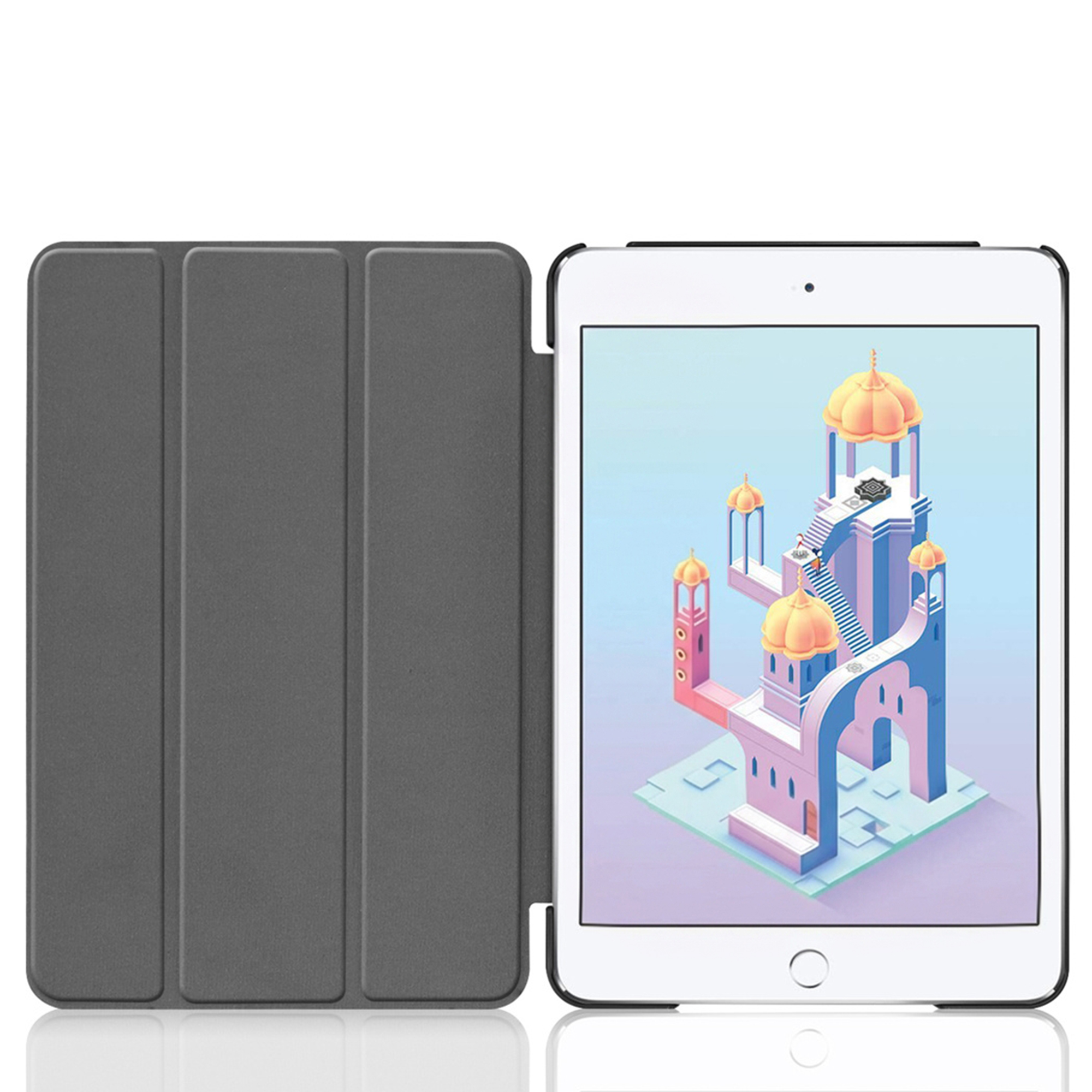 A gray tablet with an open case displaying isometric architecture.