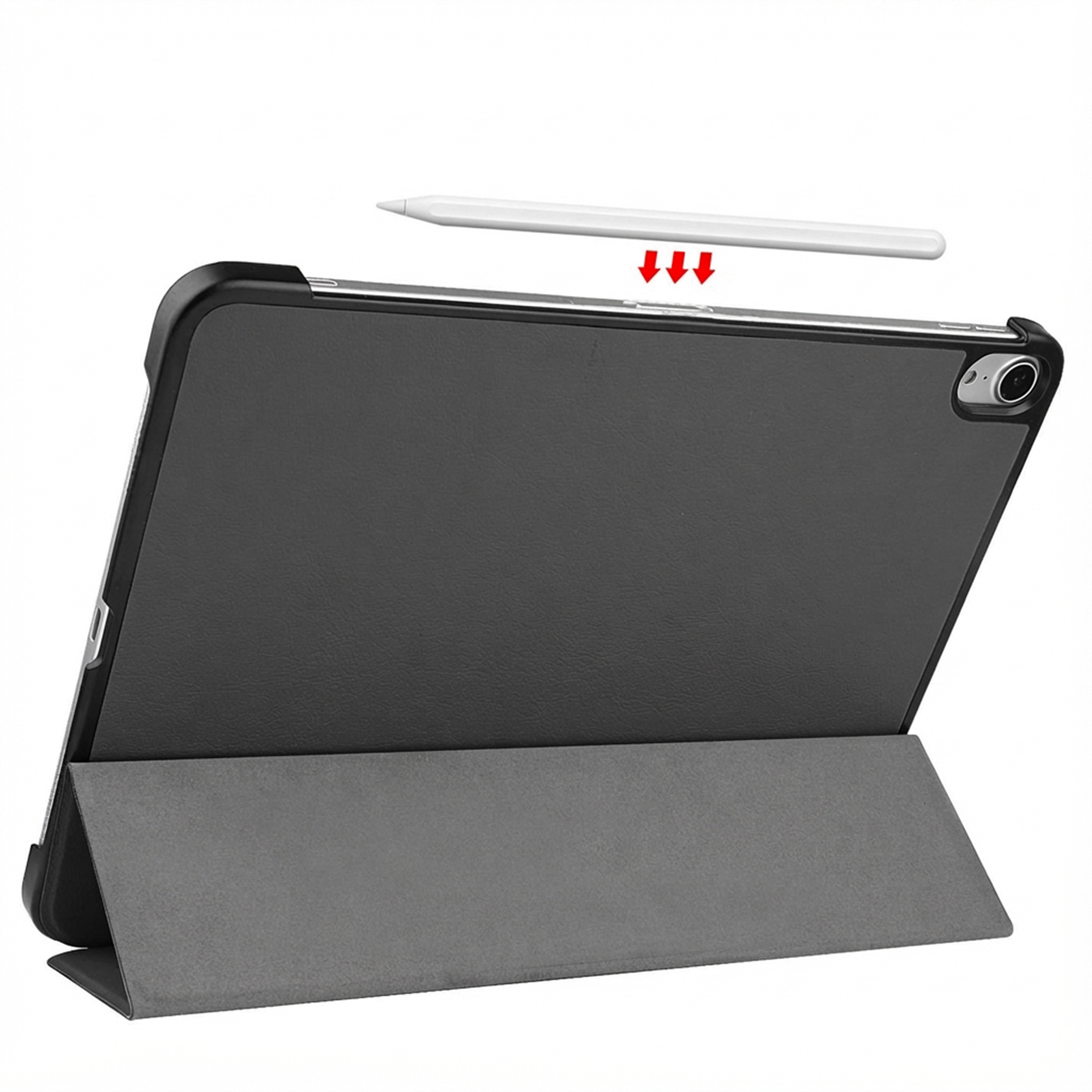 Ein iPad im schwarzen Gehäuse mit Stifthalterung, auf weißem Hintergrund.