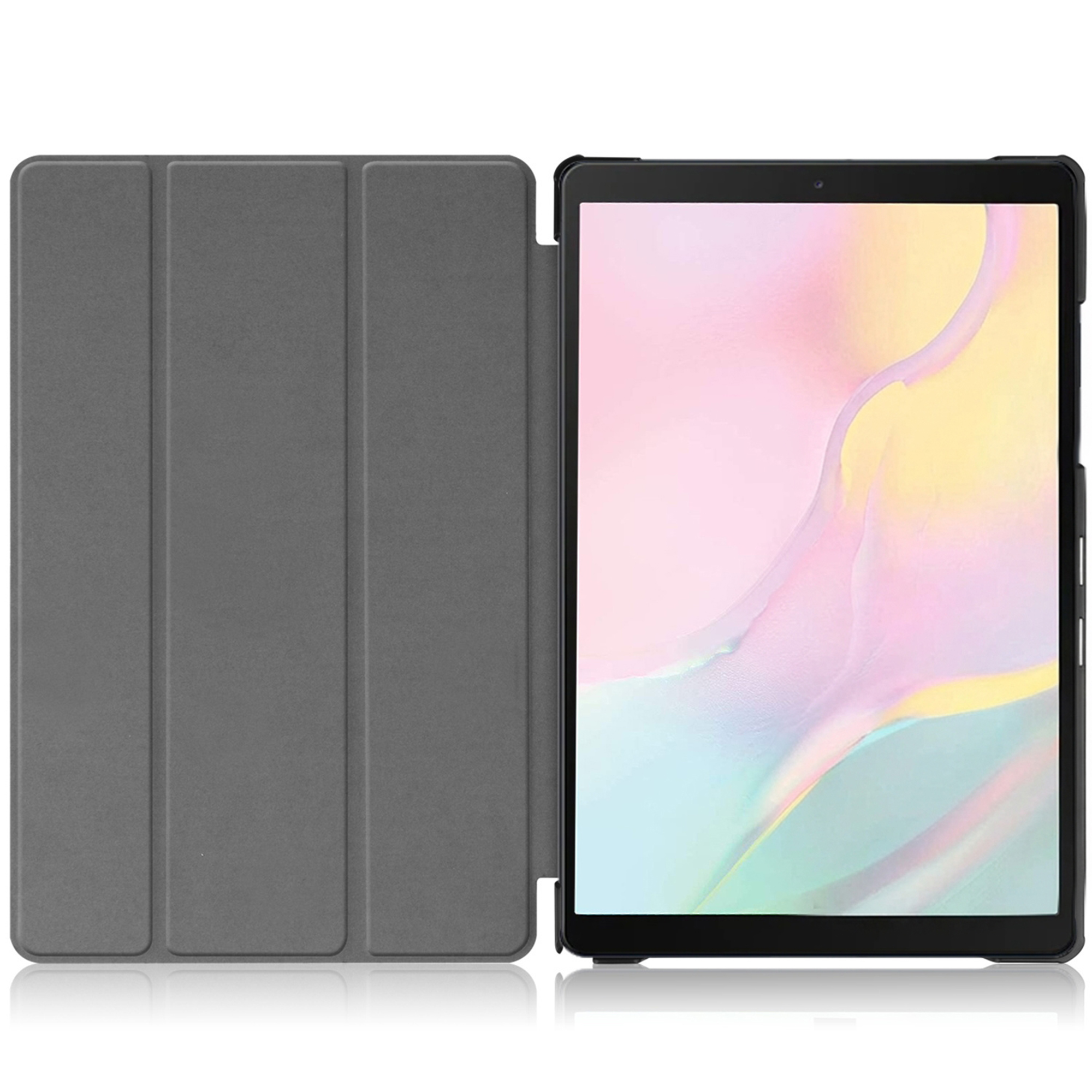 Gray tablet case open, revealing a tablet with a pastel wallpaper displayed on screen.