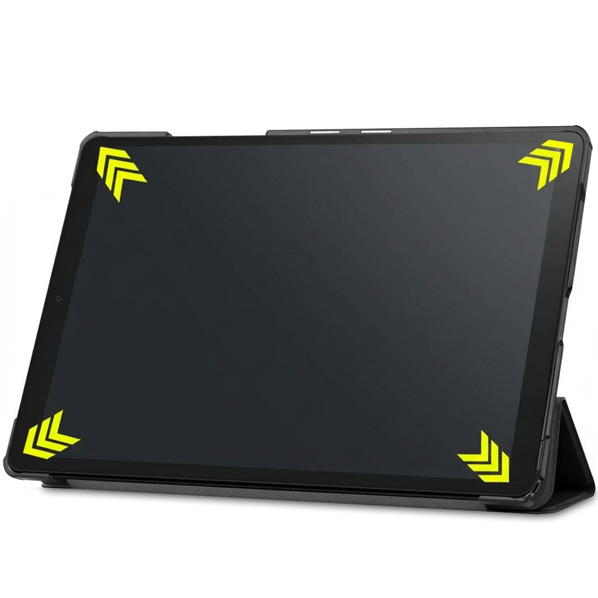 Black tablet in a case with yellow arrows on corners.