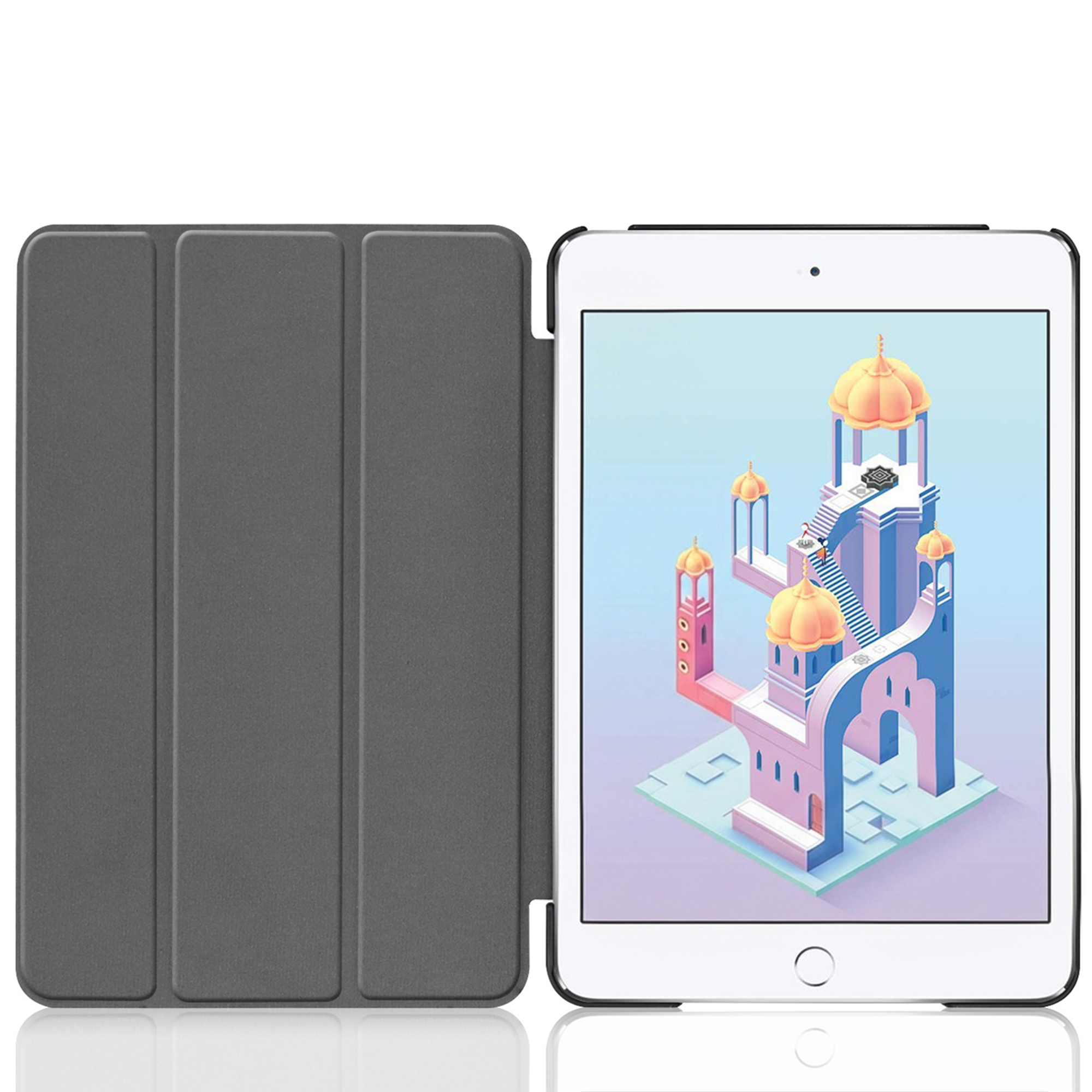 A gray tablet with its cover open, displaying isometric architecture.