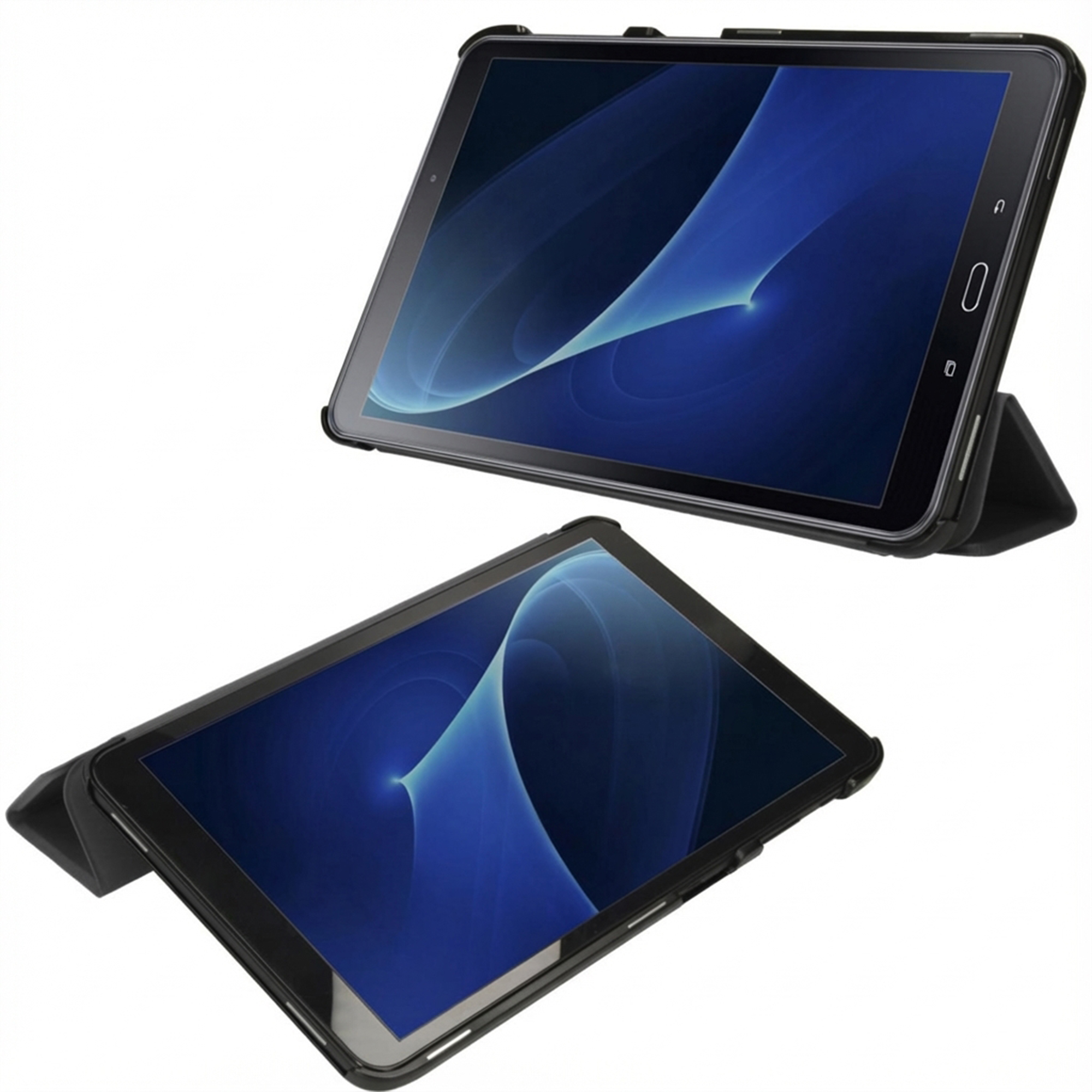 Deux tablettes noires dans des étuis de protection, affichant un fond d'écran bleu.