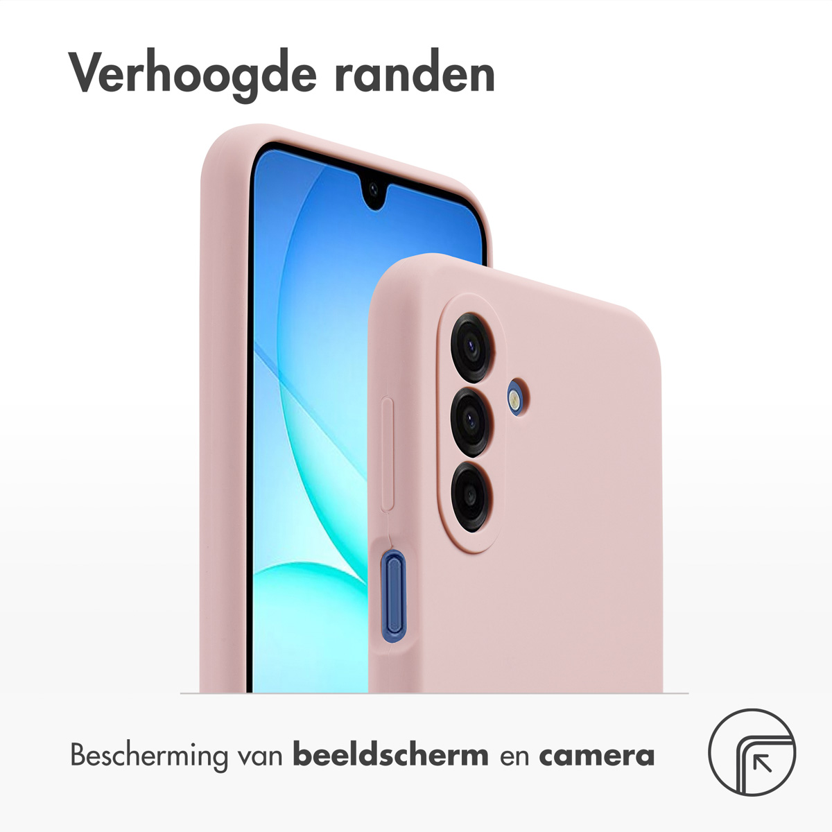 Roze telefoonhoesje met verhoogde randen, beschermt scherm en camera's.