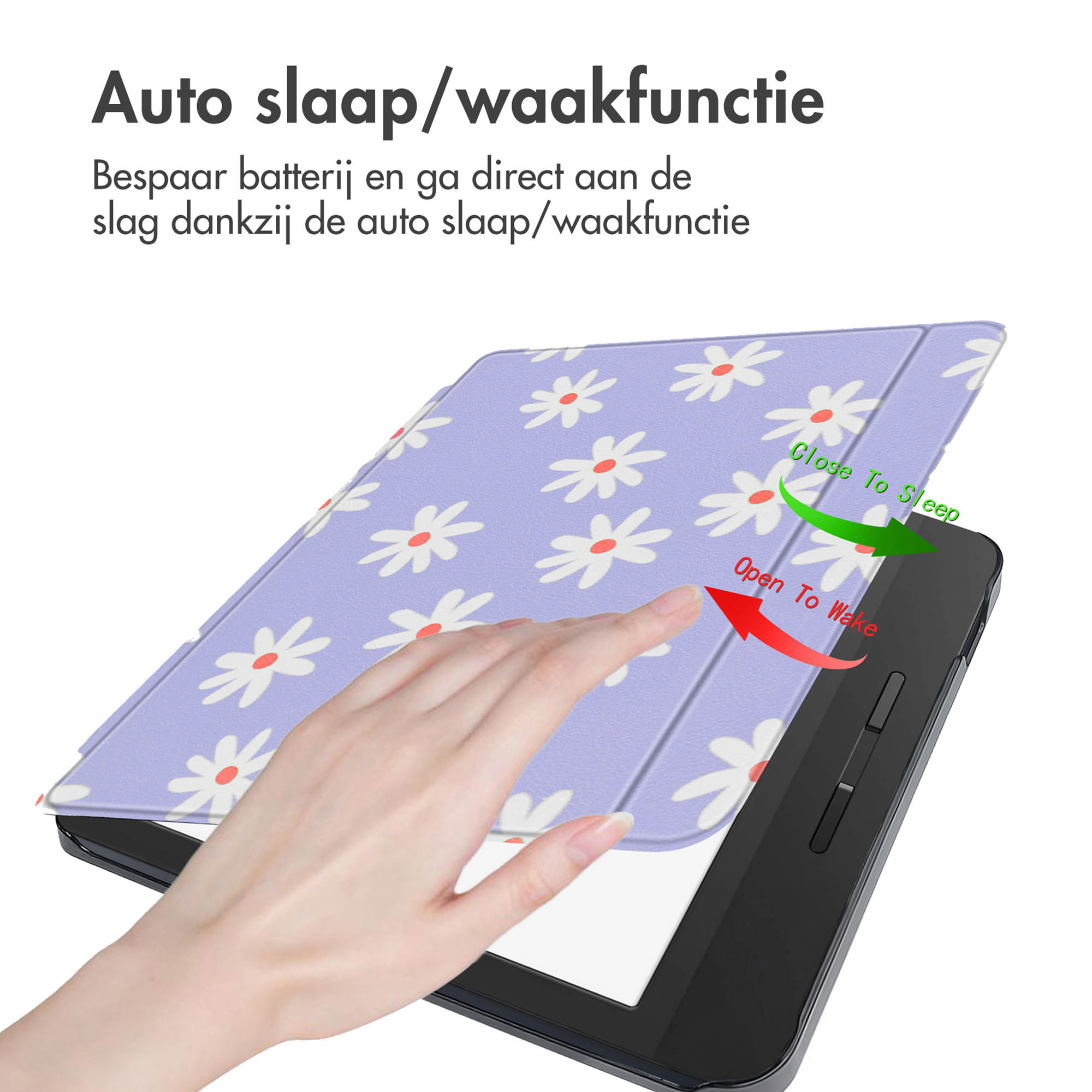 Une couverture violette pour liseuse avec des fleurs blanches, se fermant pour entrer en mode veille.