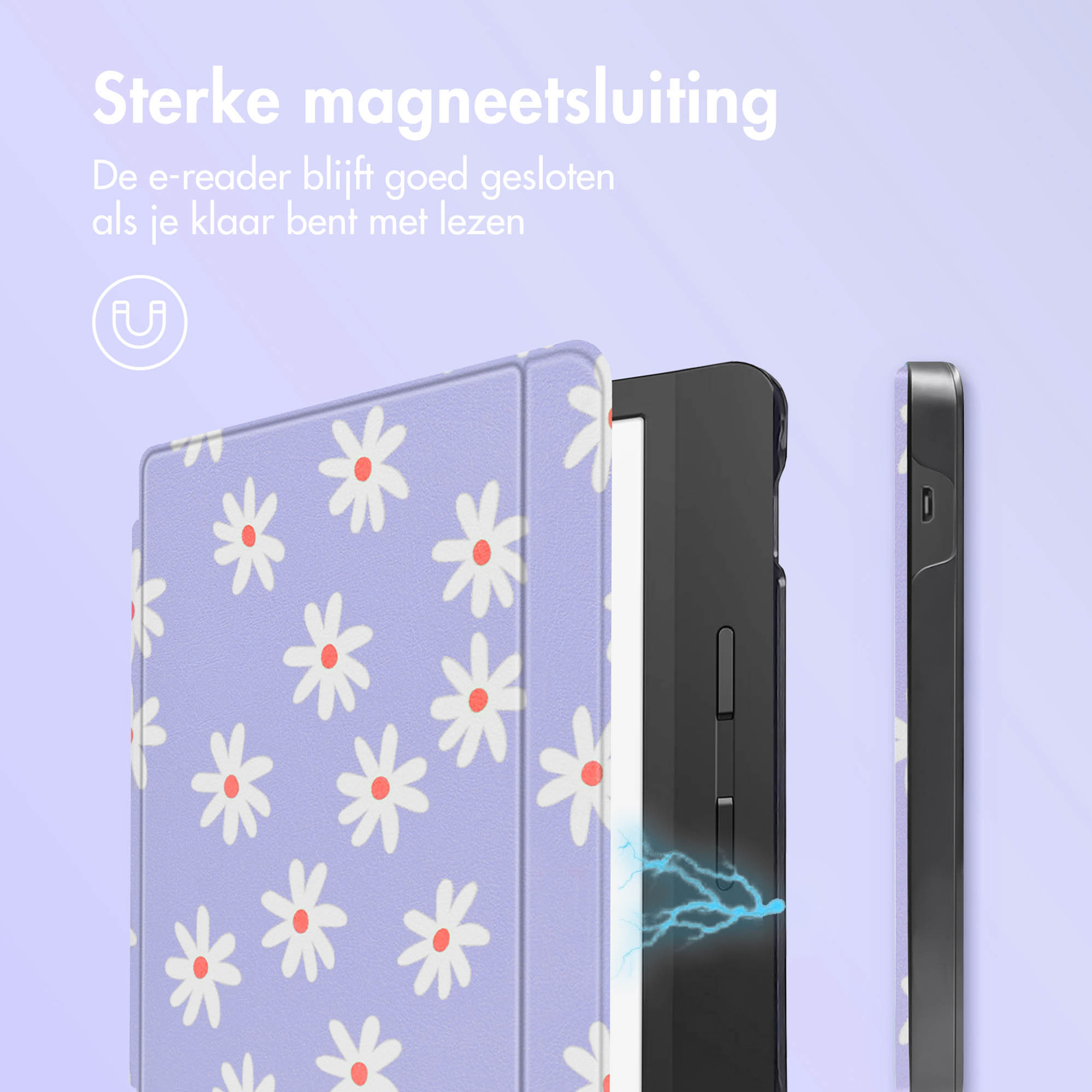 Étui violet avec marguerites blanches et fermeture magnétique pour liseuse.