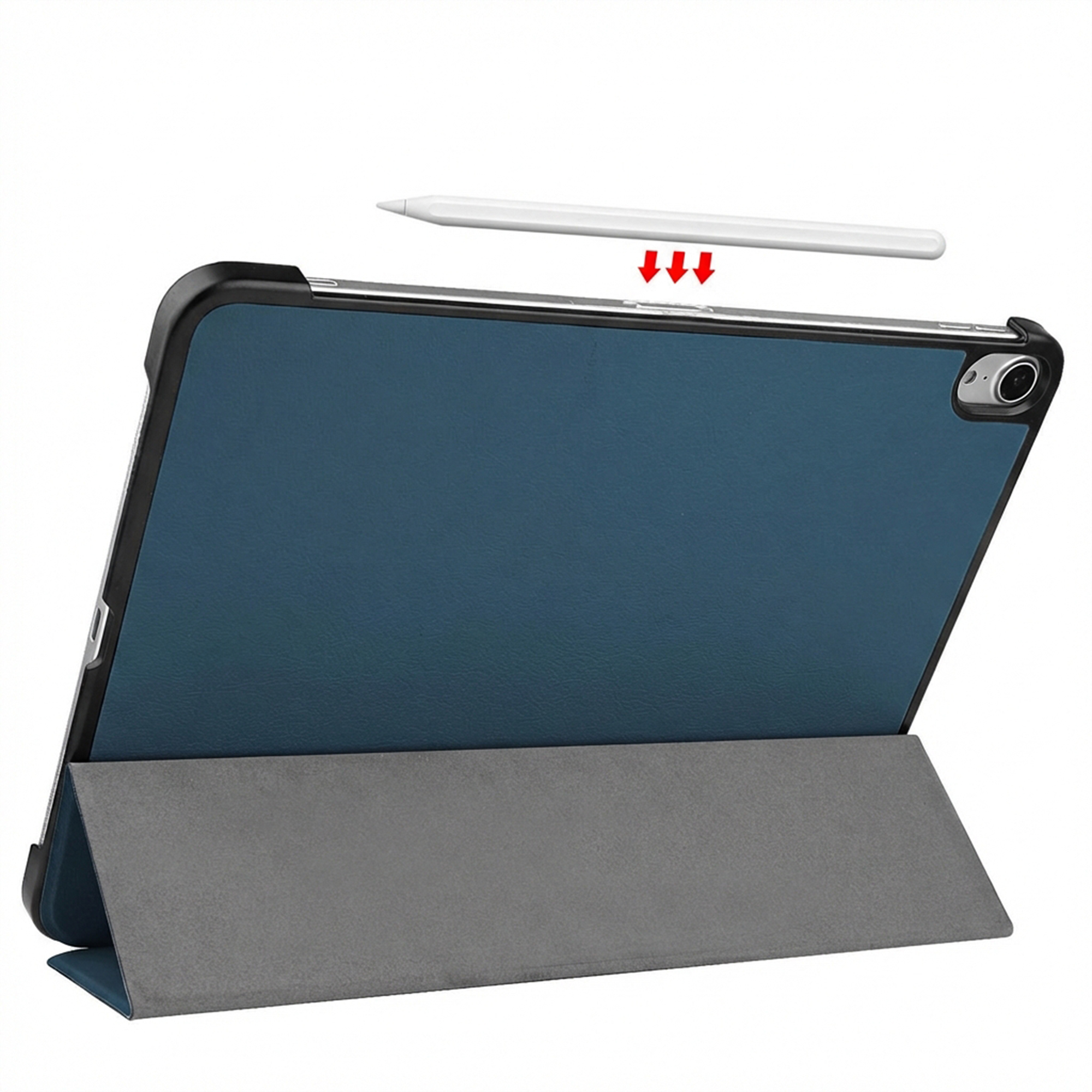 Ein Tablet in einer blauen Hülle mit Ständer und Stift daneben.
