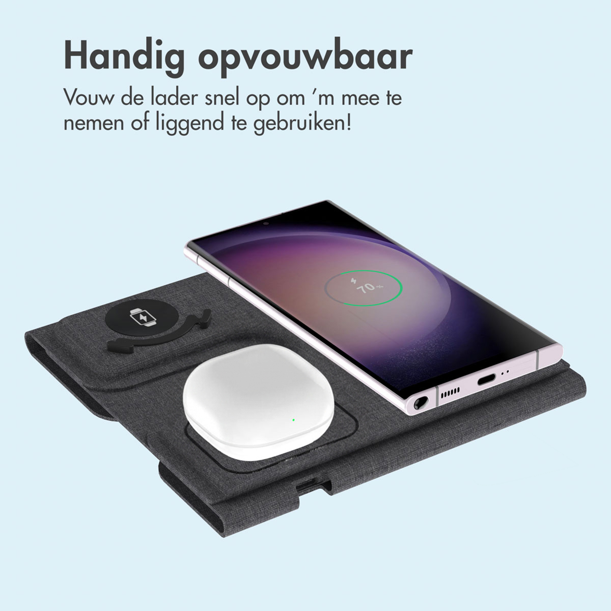 Grijze oplaadcase met wit oplaaddoosje en smartphone. Telefoon toont 70% lading.