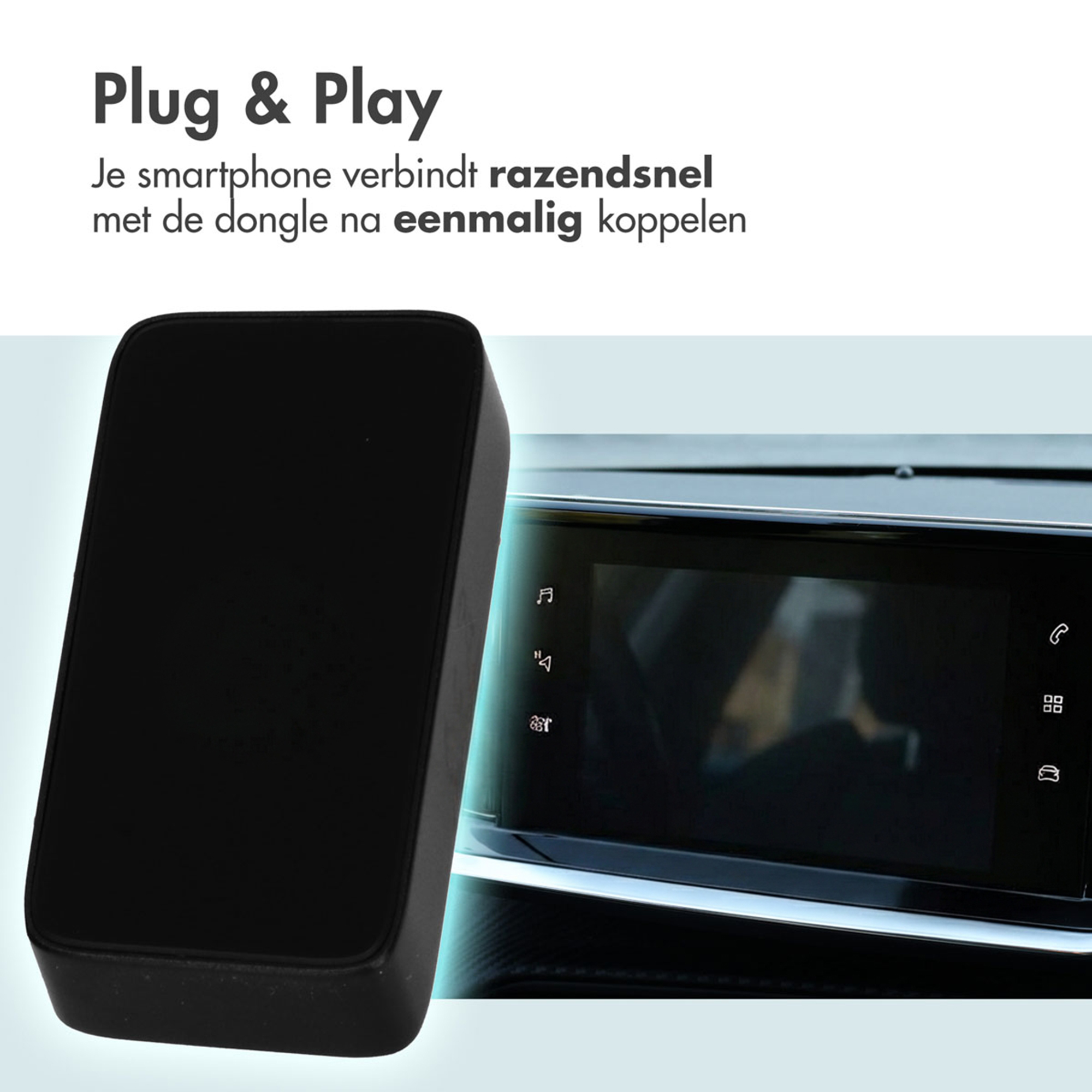 Black dongle next to a car infotainment screen displaying icons.