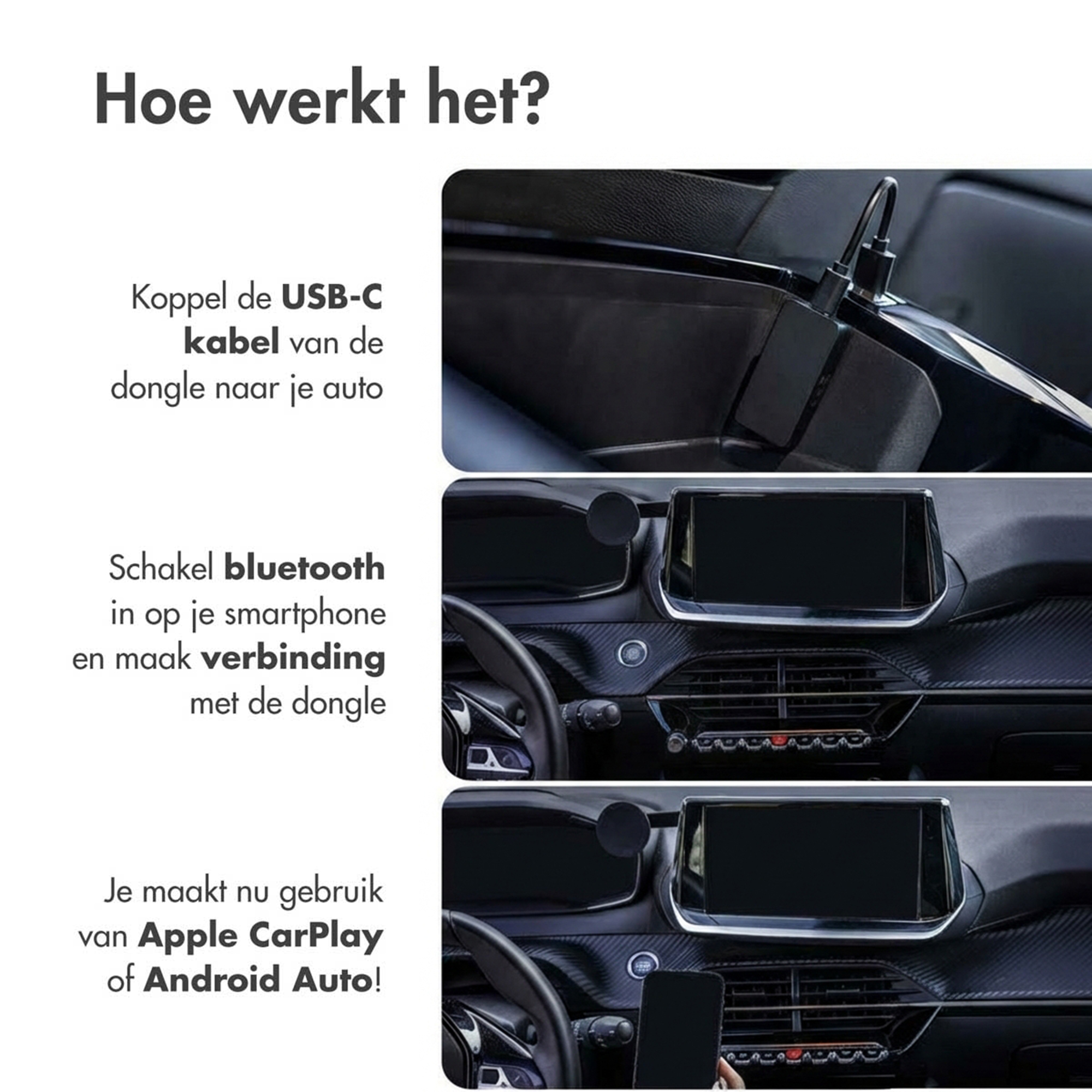 A car dashboard with a screen and a USB-C dongle being connected.