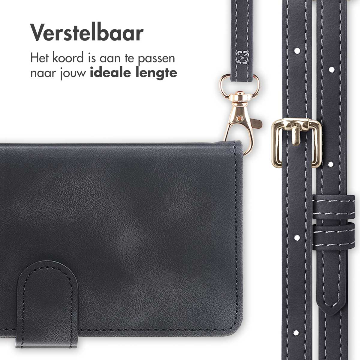 Zwarte telefoonhoes met verstelbare band en gouden sluiting.