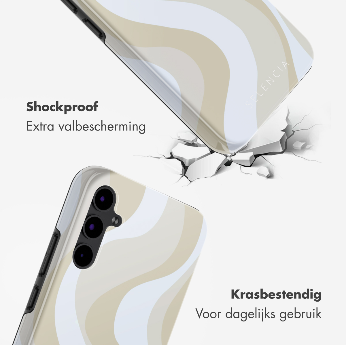 Telefoonhoesje met golvend patroon dat op gebarsten grond valt.