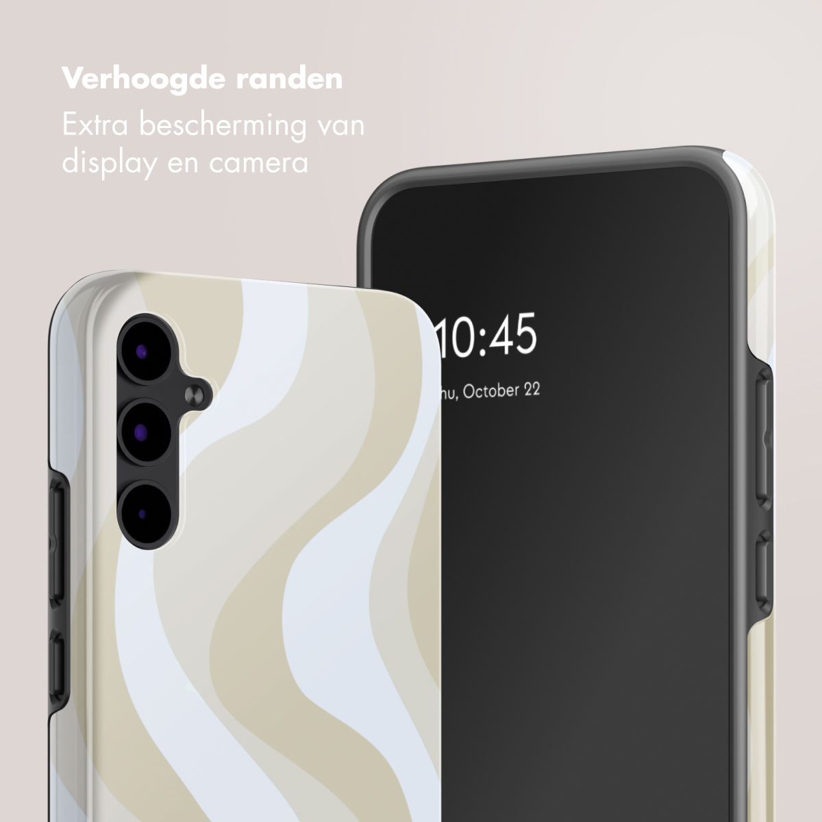Een telefoon met hoesje met golvend patroon en verhoogde randen.