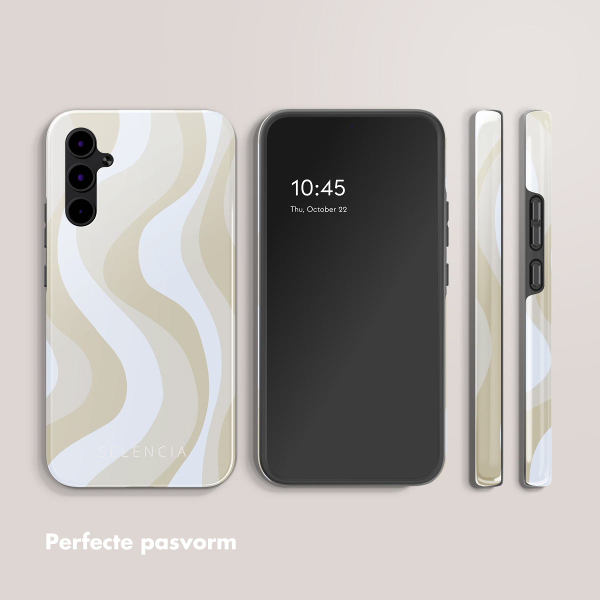 Telefoon met hoesje met golvend patroon en zij-aanzichten. Scherm toont 10:45.