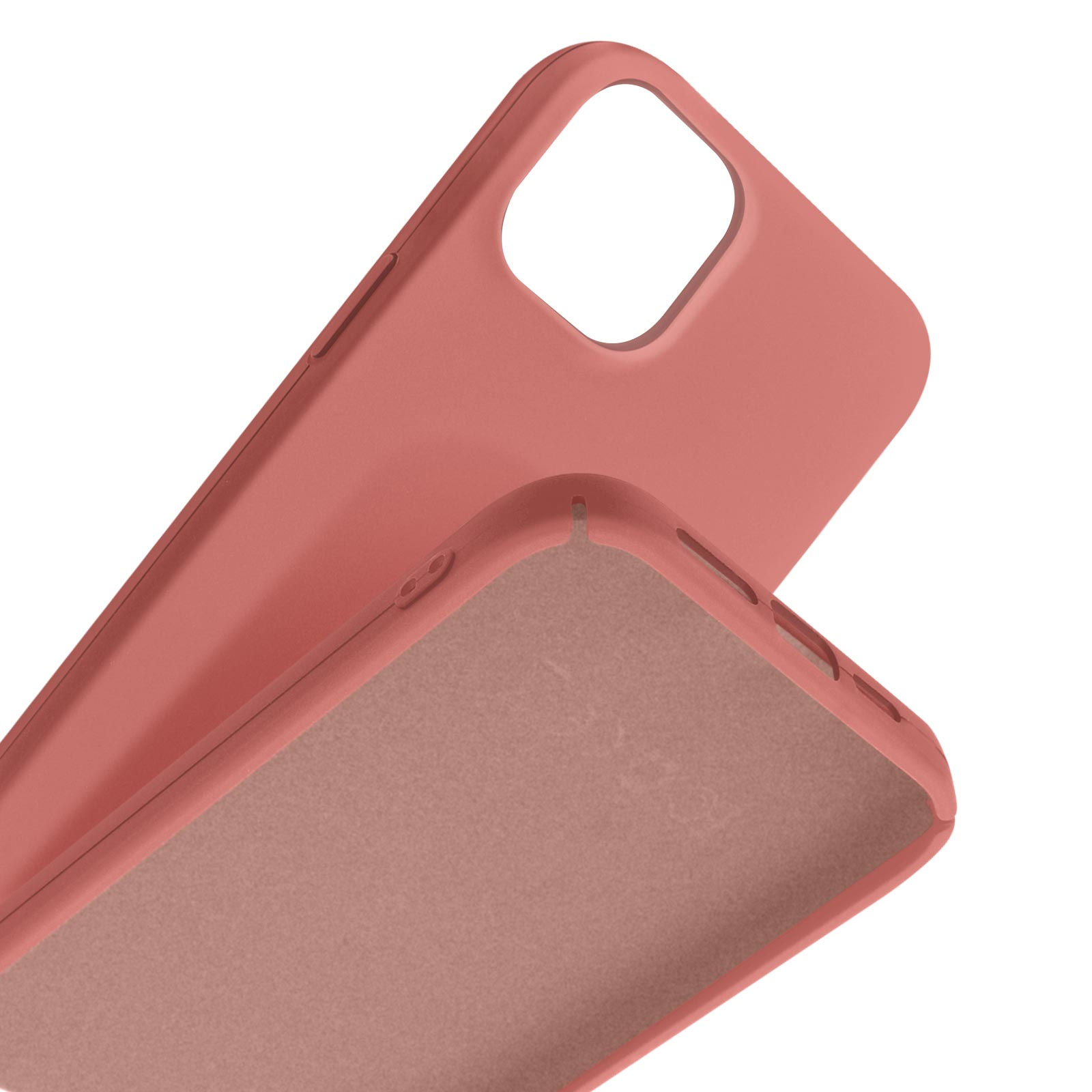 Een koraalrode telefoonhoes met camerauitsparing, op witte achtergrond.