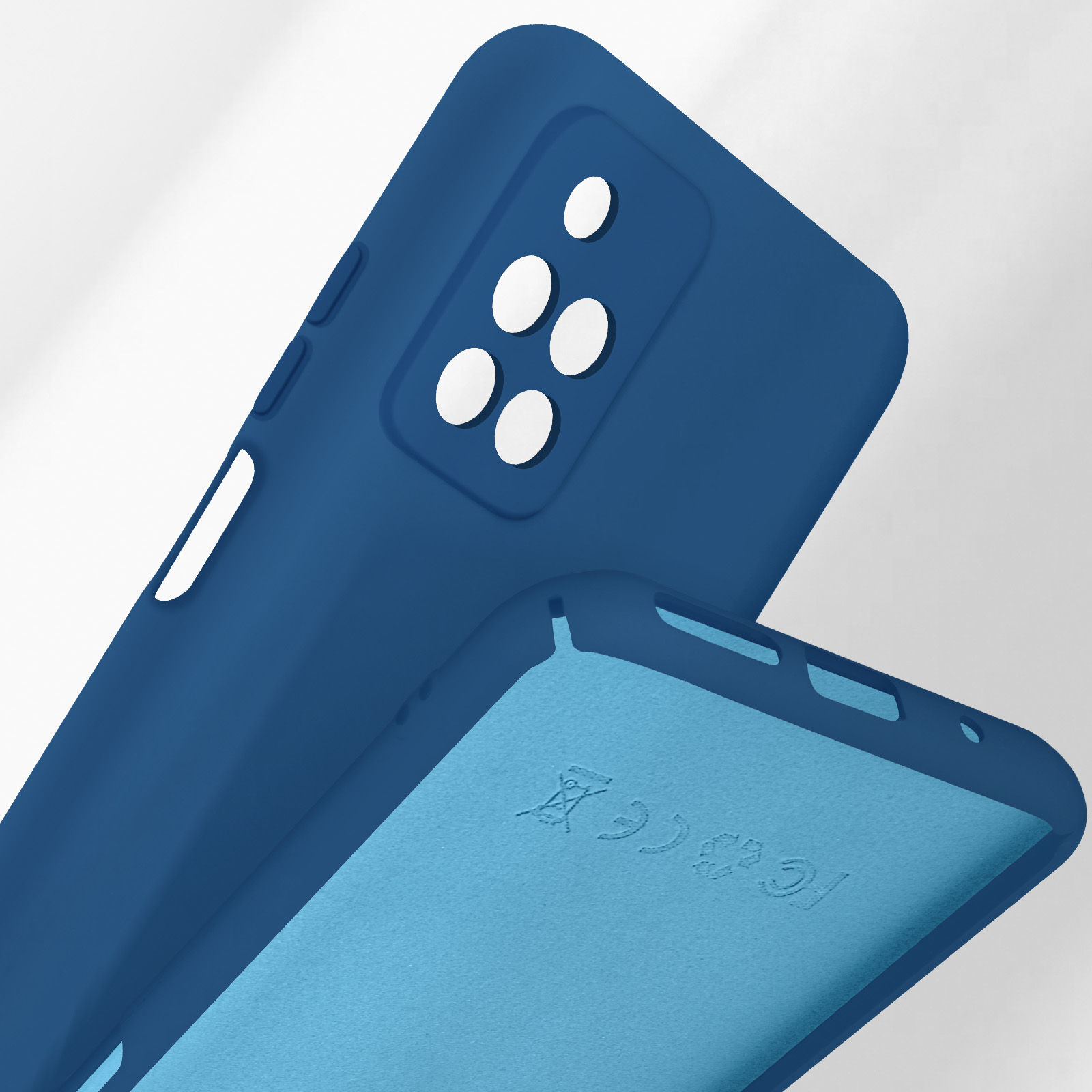 Due custodie per telefono blu scuro impilate, con ritagli per fotocamere.