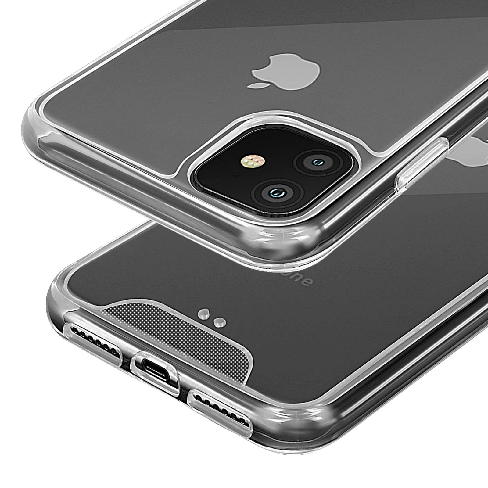 Coque de téléphone transparente montrant un appareil photo à double objectif et le logo Apple.