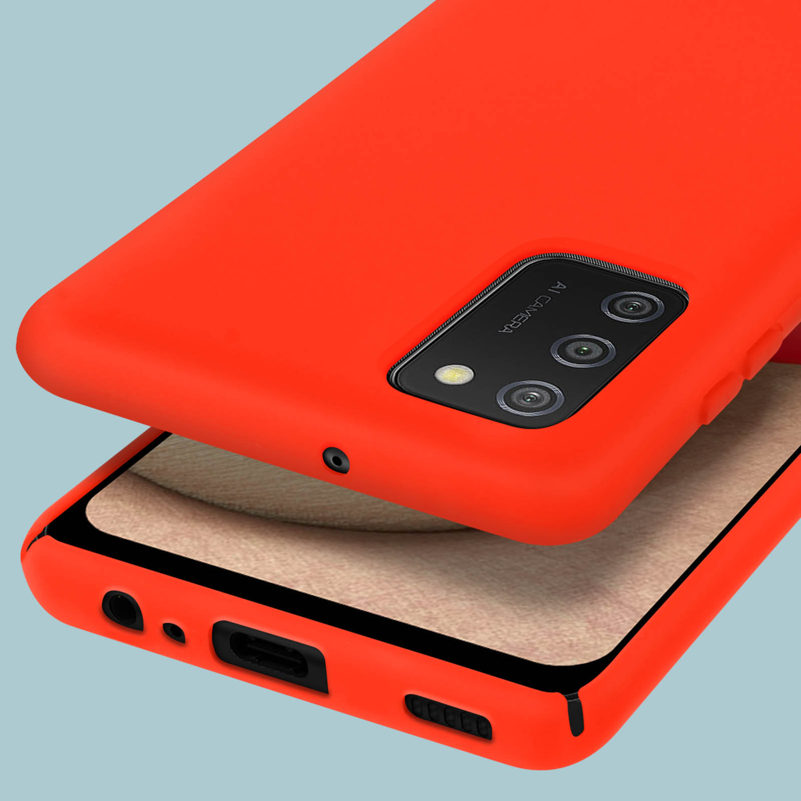 Una custodia per telefono arancione con un sistema a tripla lente.