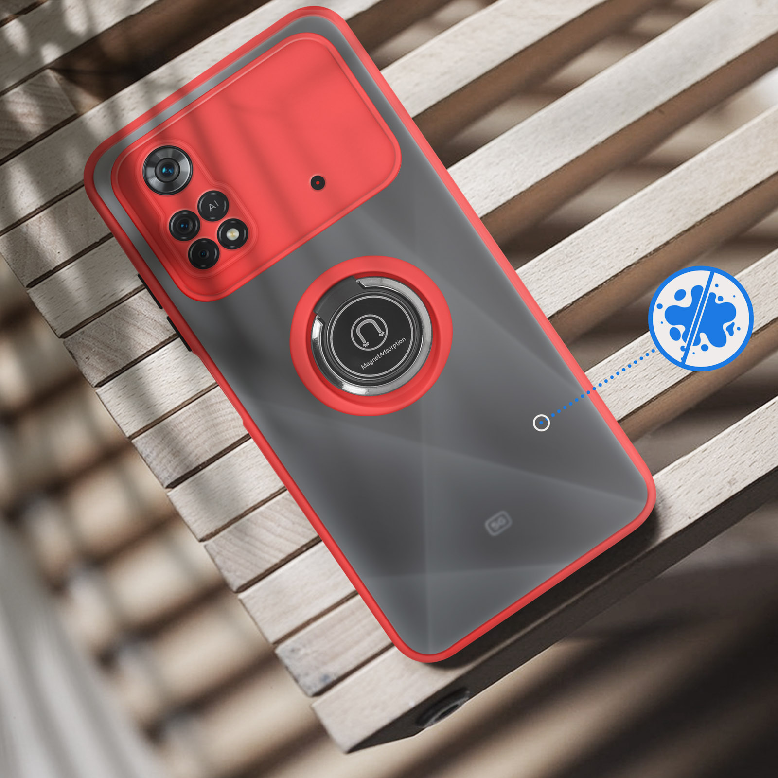 Coque de téléphone rouge avec anneau magnétique sur fond bois.