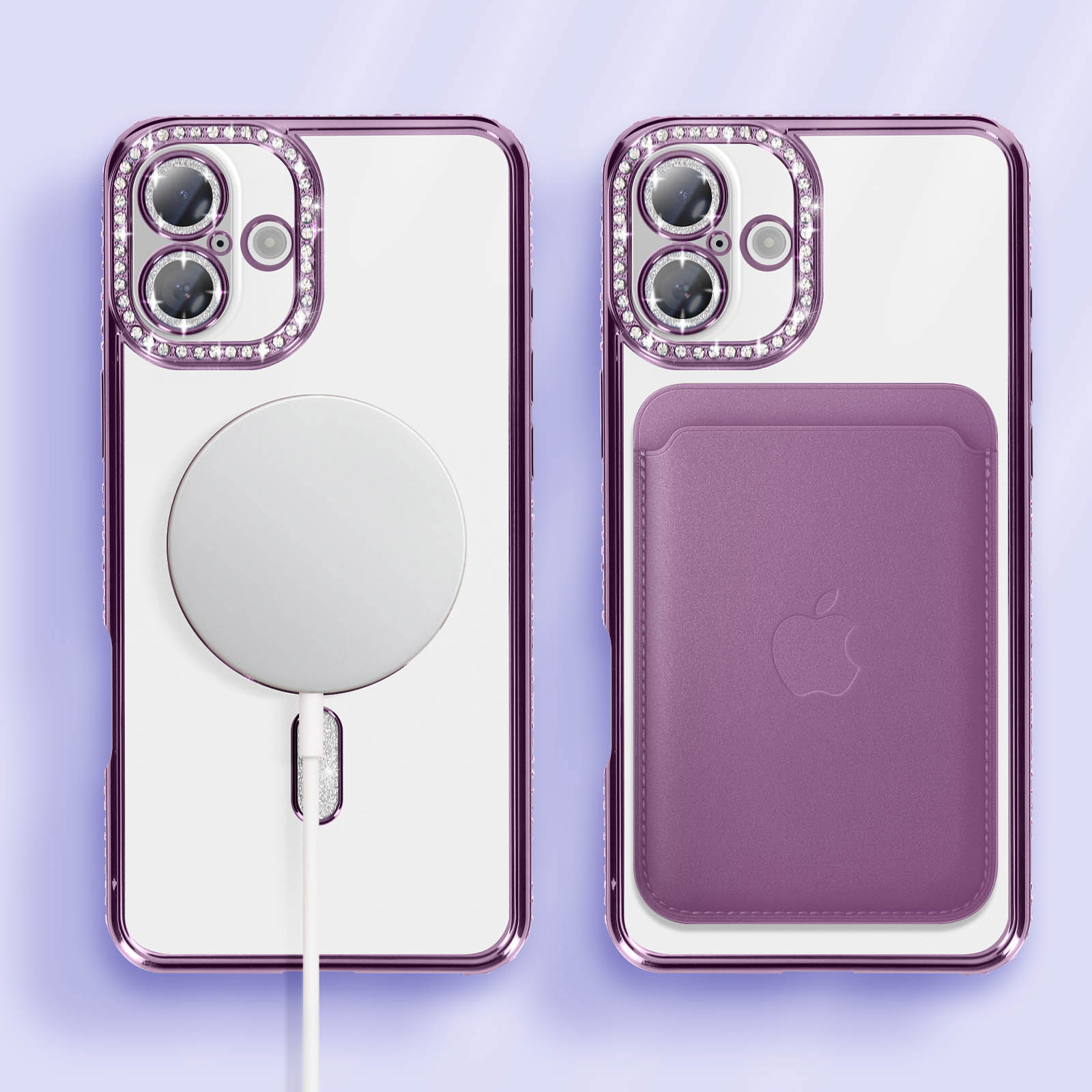 Custodia trasparente per iPhone con bordo viola, adornata da cristalli attorno alla fotocamera.