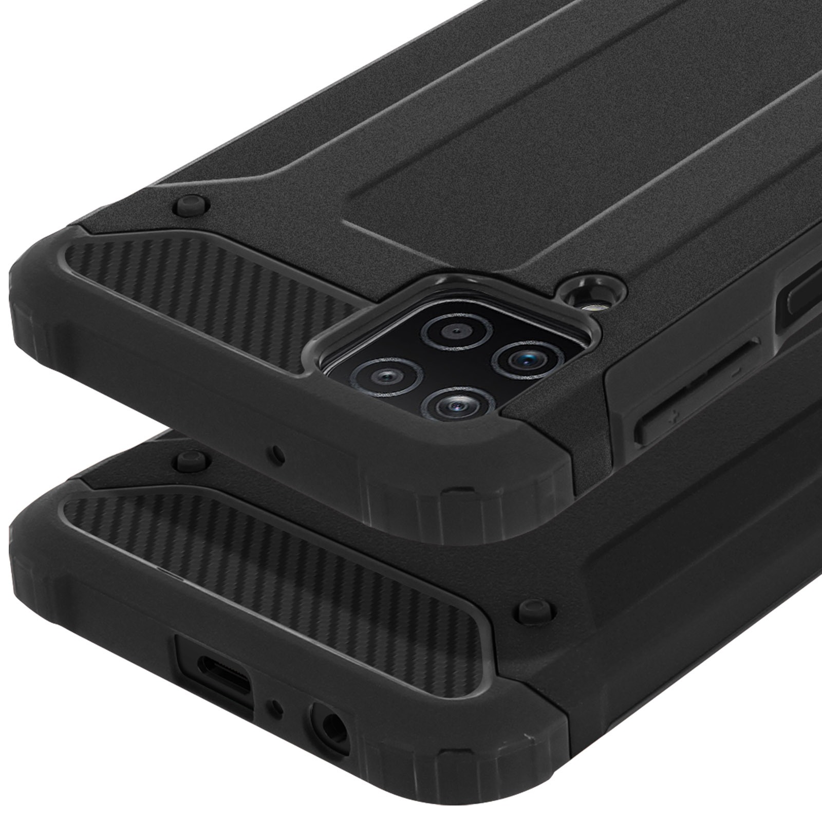 Twee zwarte telefoonhoesjes met koolstofvezelaccenten en cameramodules.