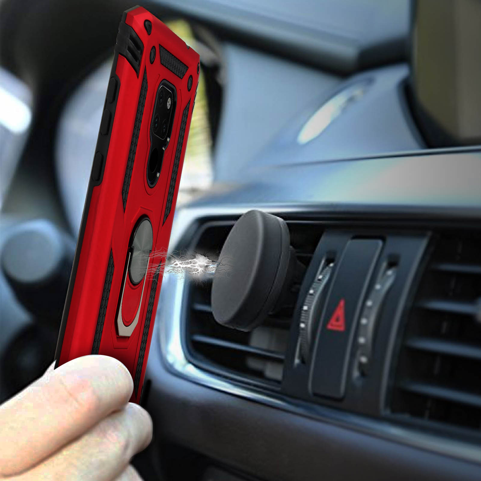 Coque de téléphone rouge avec support magnétique dans une aération de voiture.