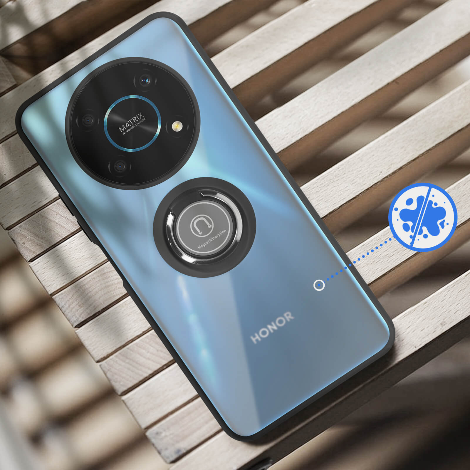 Smartphone blu con fotocamera matrix e anello magnetico su superficie in legno.
