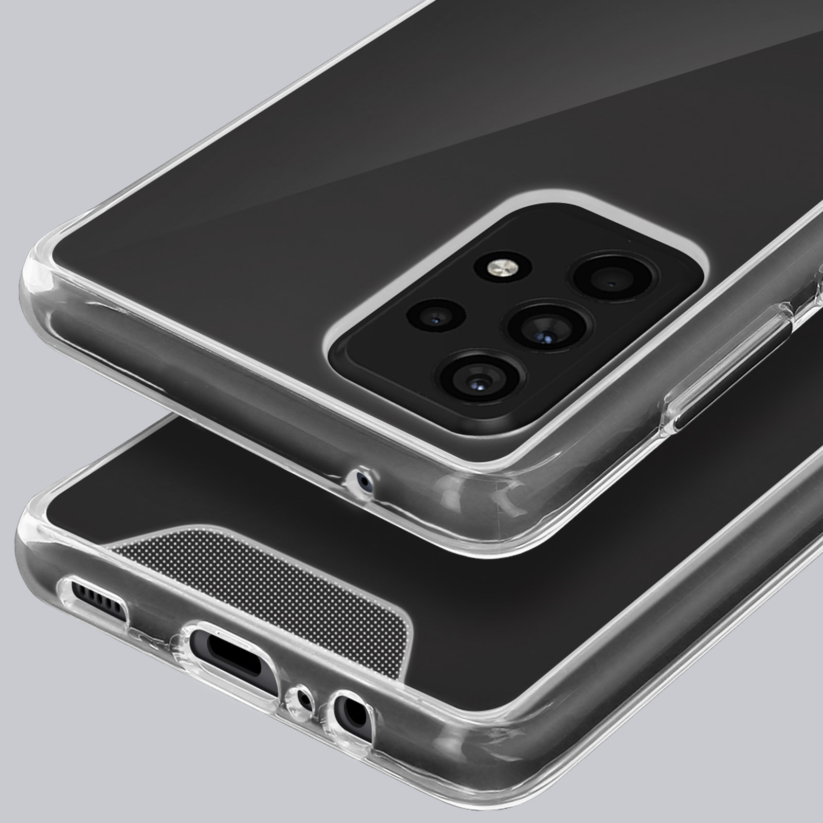 Due custodie trasparenti per telefono con fotocamere su un lato.