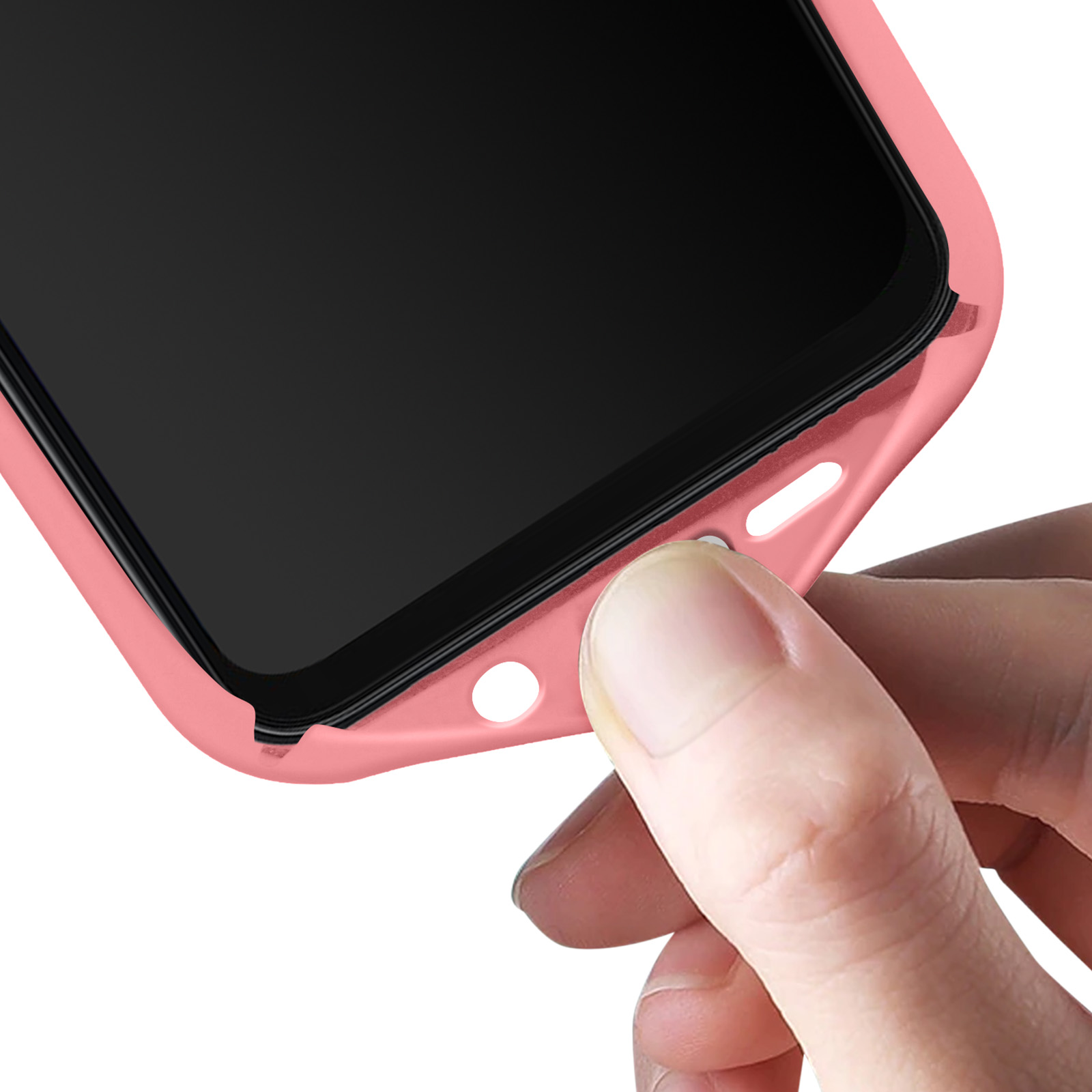 Un doigt appuie sur l'étui rose d'un smartphone.