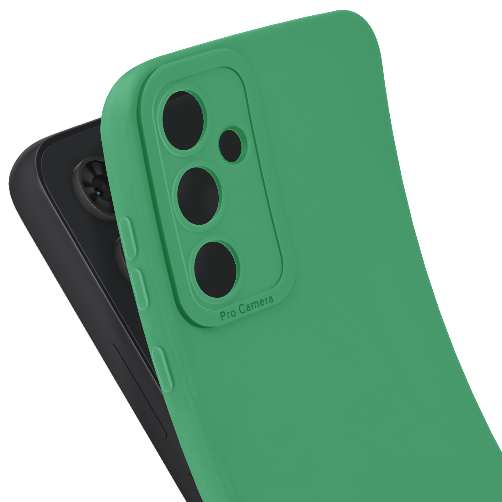 Cover verde su telefono nero con ritaglio fotocamera. Scritta Pro Camera.