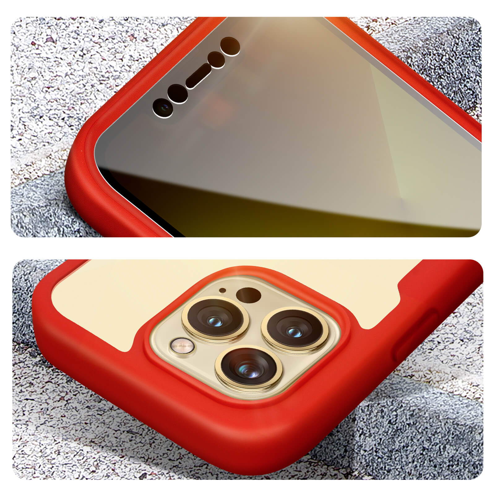 Coque de téléphone rouge avec trois objectifs photo et découpes pour haut-parleurs sur fond de pierre.