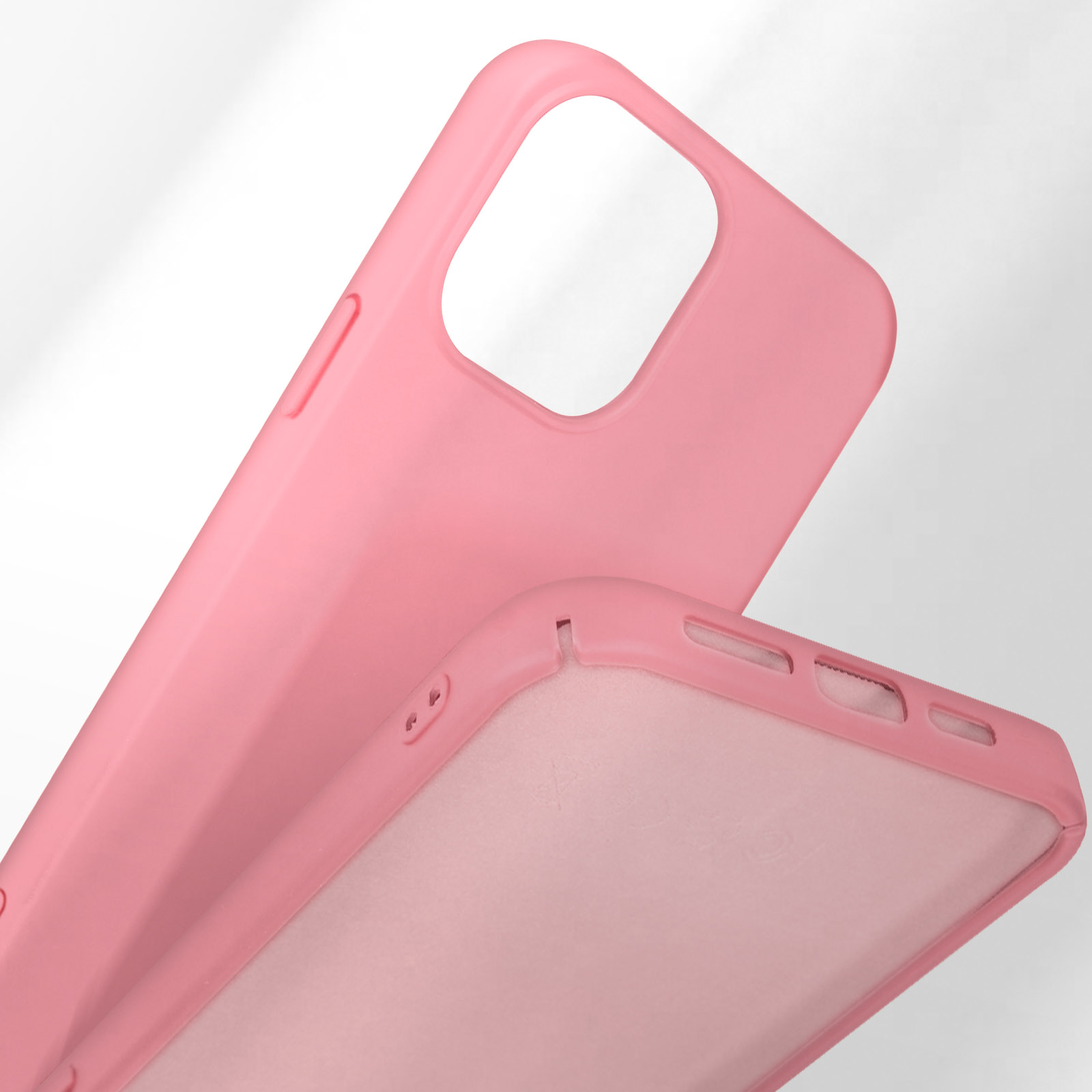 Twee roze telefoonhoesjes met uitsparingen voor camera's en knoppen.
