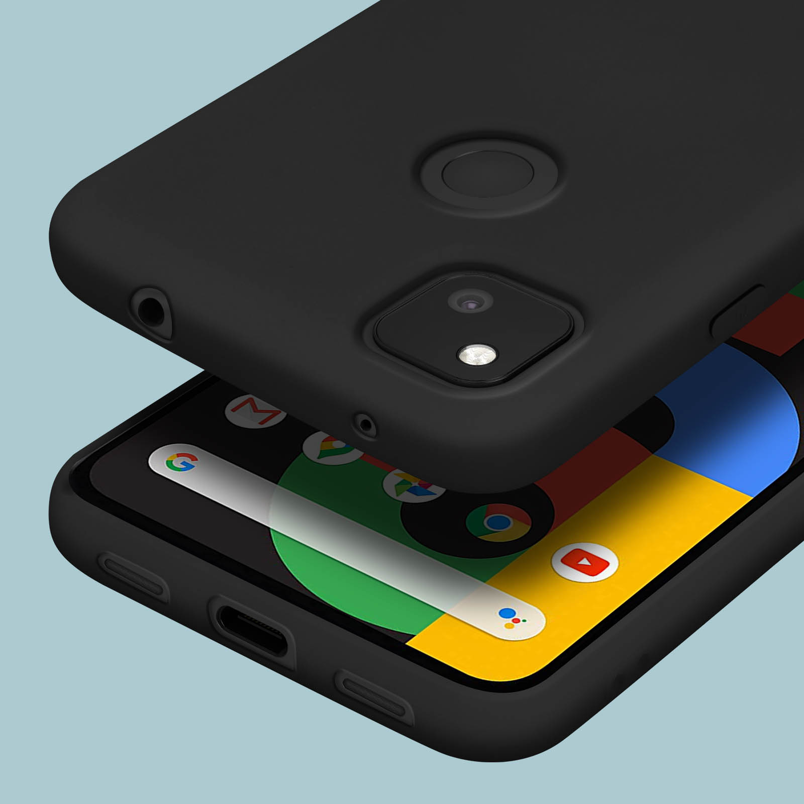 Coque de téléphone noire sur un smartphone affichant la barre de recherche Google et des icônes d'appli colorées.