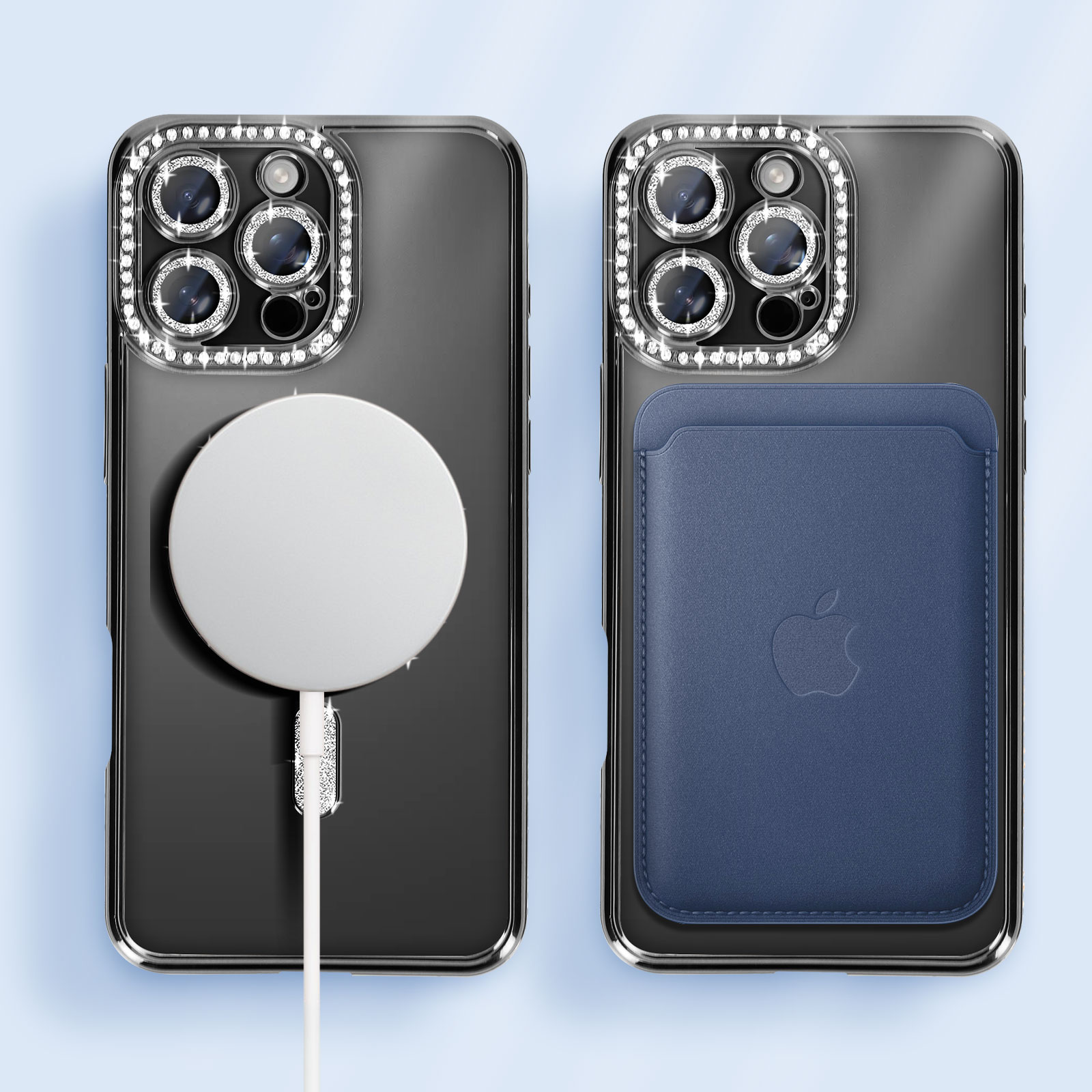 Deux iPhones avec des objectifs d'appareil photo ornés de bijoux. Un avec câble de chargement blanc, un avec portefeuille bleu.