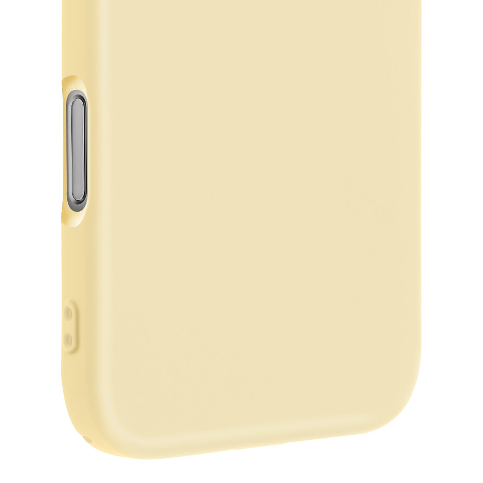 Gros plan d'un étui de téléphone jaune clair avec découpe argentée.