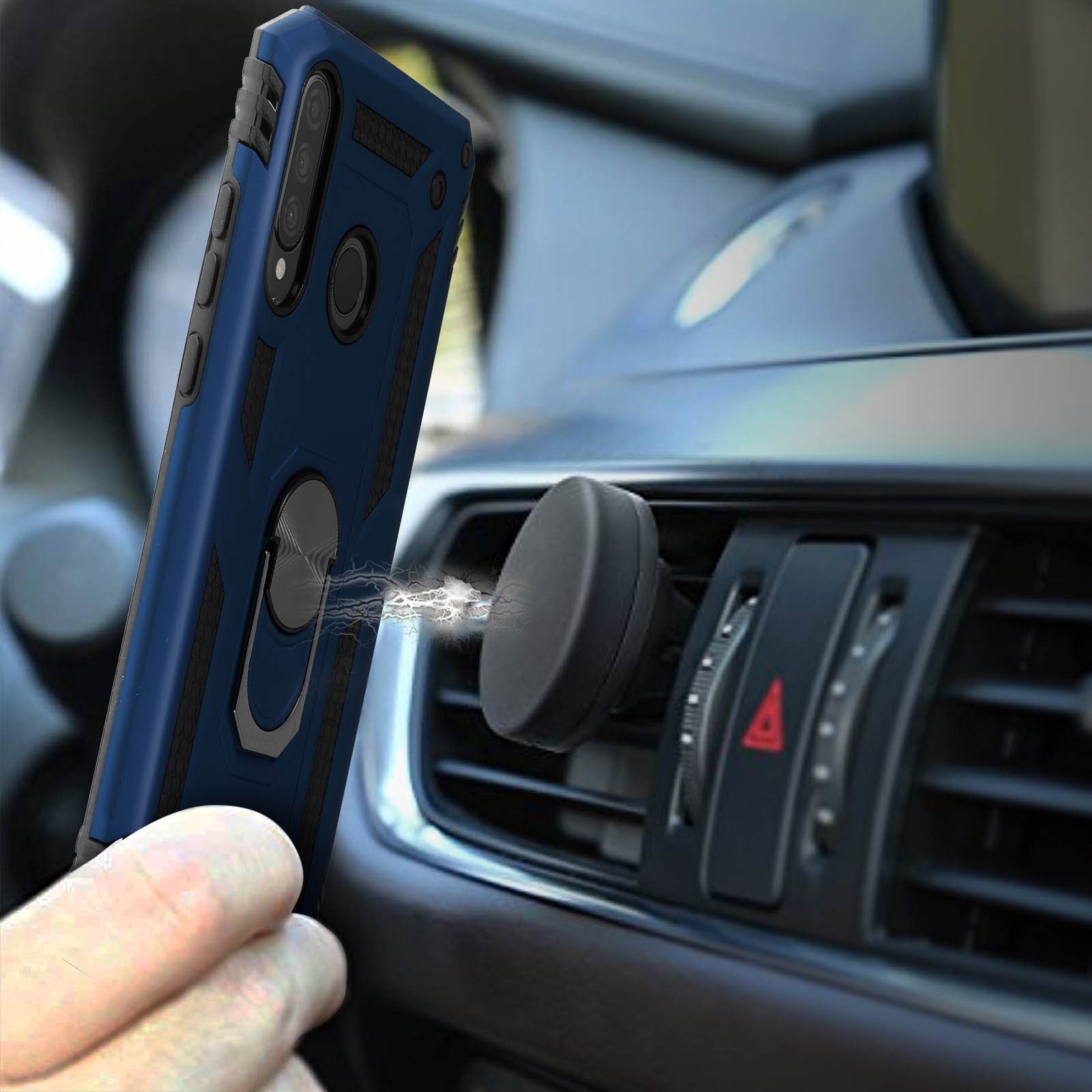 Un étui de téléphone bleu avec support d'anneau se fixe à un support magnétique pour aérateur de voiture.